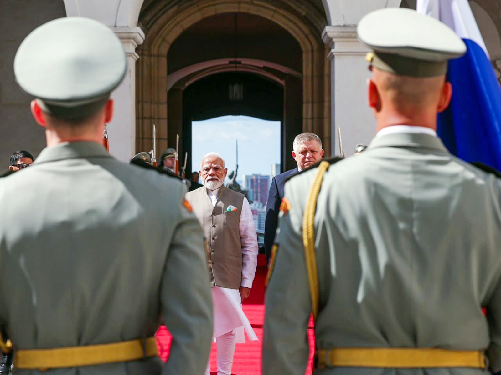 PM Modi recieves ceremonial welcome and Guard of Honour in Bratislava, Slovakia (Photo/ANI)