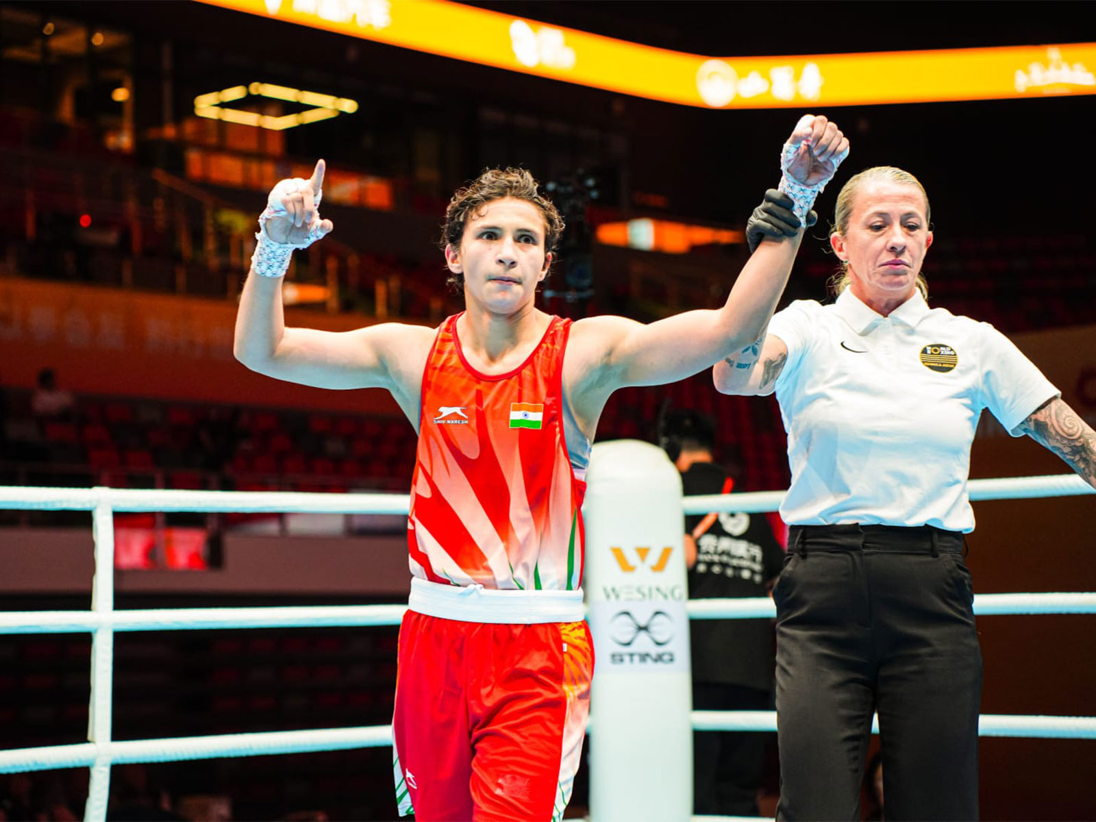 Poonam posing after a successfull Win at the Boxing World Cup 2026, China. (Photo/BFI)