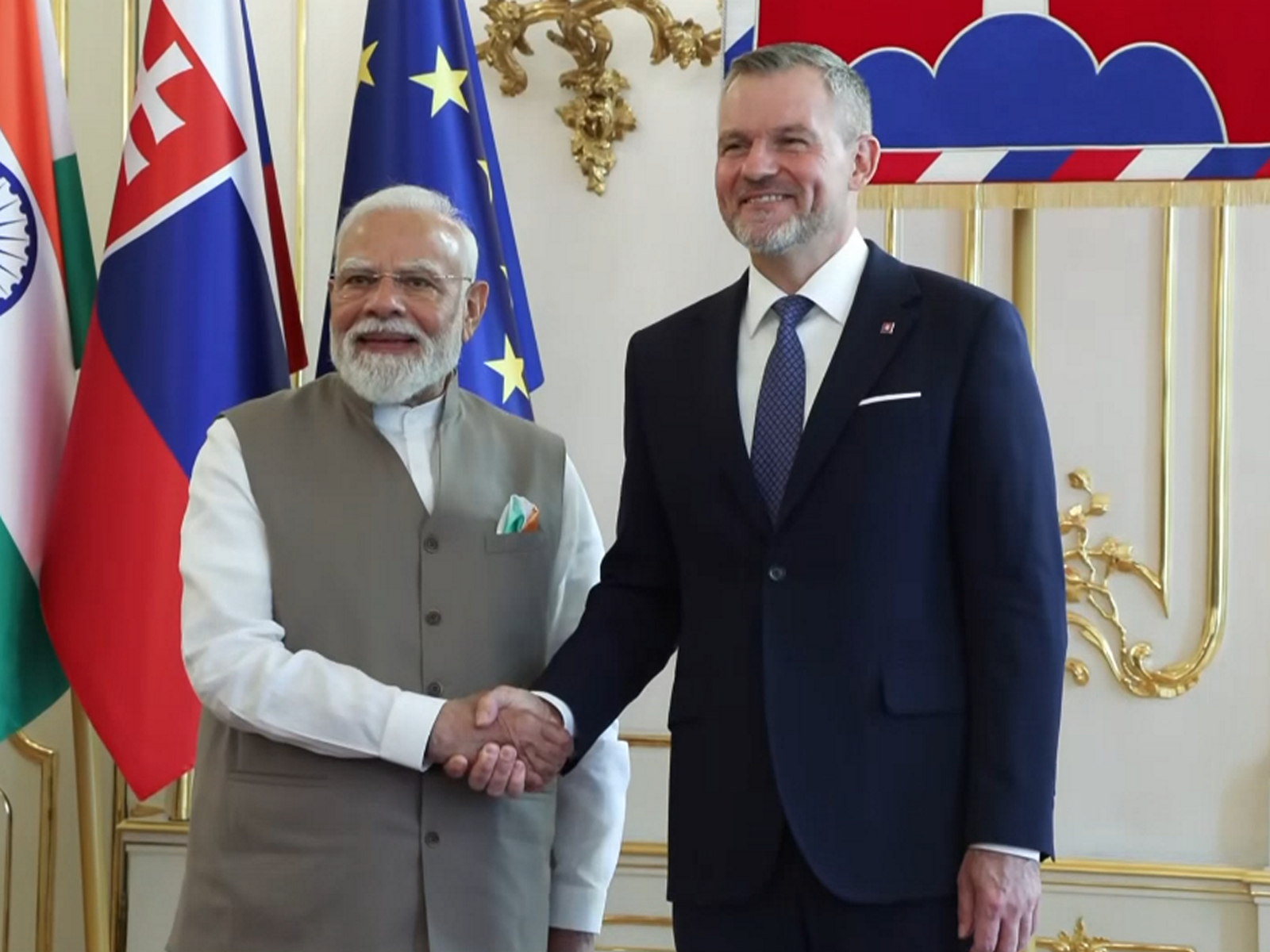 Prime Minister Narendra Modi meets Slovak President Peter Pellegrini at Presidential Palace in Bratislava (Photo/ANI)