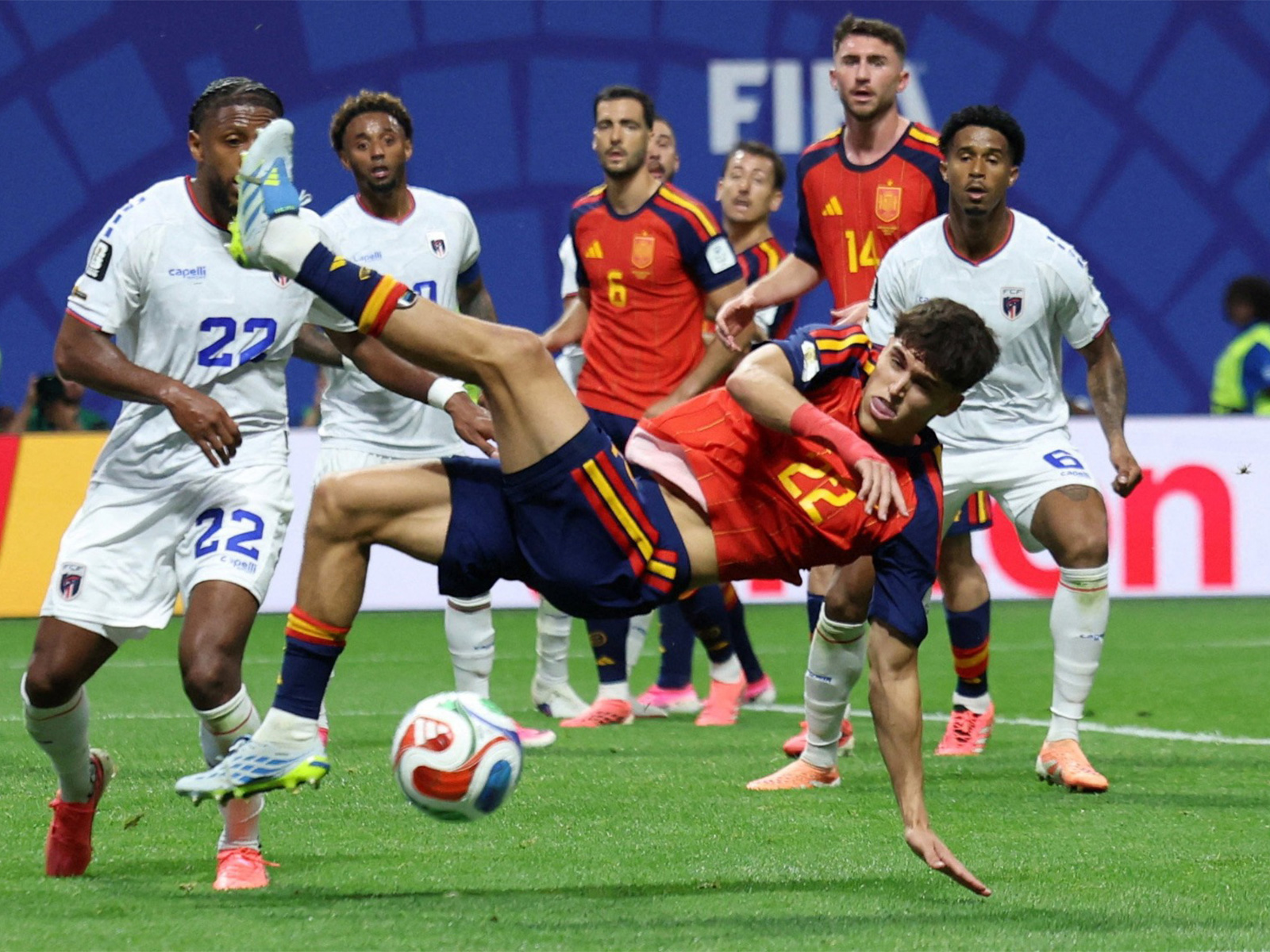Soccer Football - FIFA World Cup 2026 - Group H - Spain v Cape Verde - Atlanta Stadium, Atlanta, Georgia, U.S. - June 15, 2026 Spain's Pau Cubarsi misses a chance to score. (Photo/Reuters)