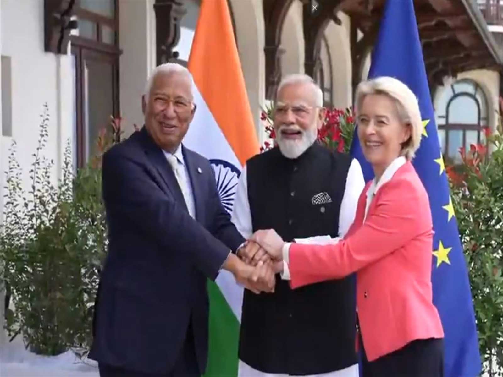 Prime Minister Narendra Modi meets European Council President Antonio Costa and European Commission President Ursula von der Leyen on the sidelines of the G7 Summit in Évian, France. (Photo/ANI)
