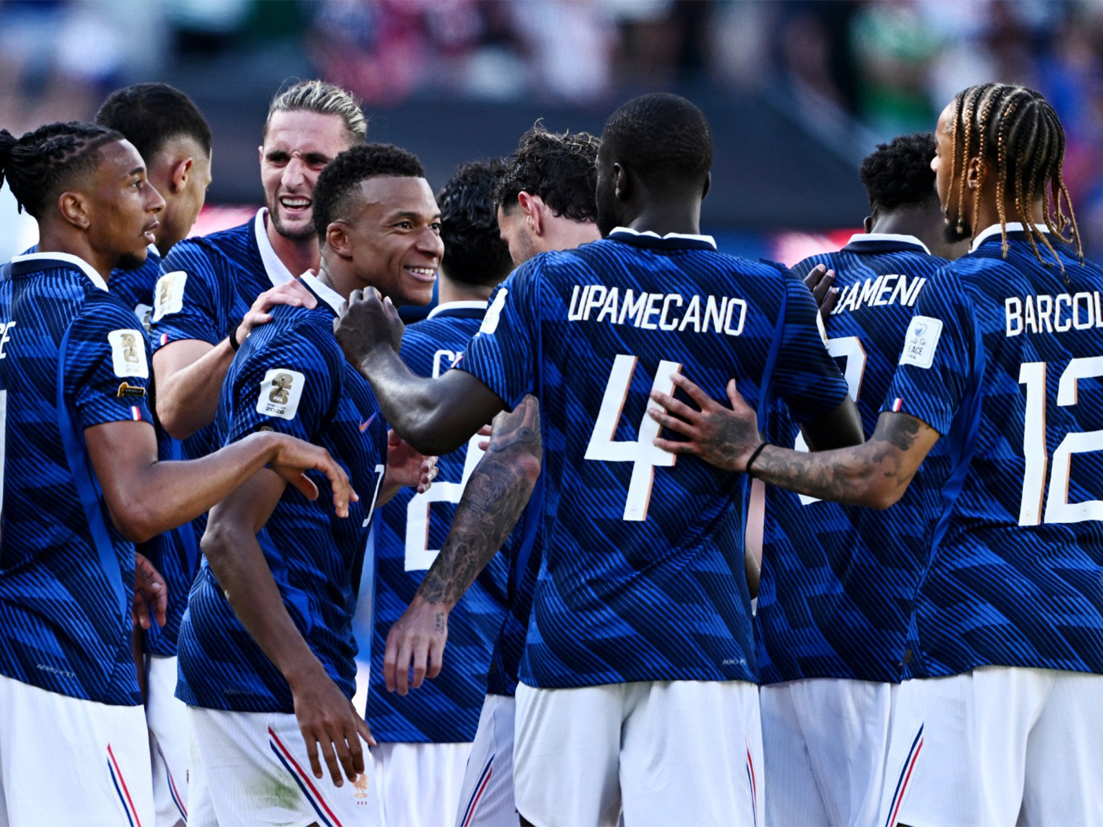 France's Kylian Mbappe celebrates scoring their third goal with Dayot Upamecano, Bradley Barc during FIFA World Cup 2026 clash against Senegal (Photo/Reuters)