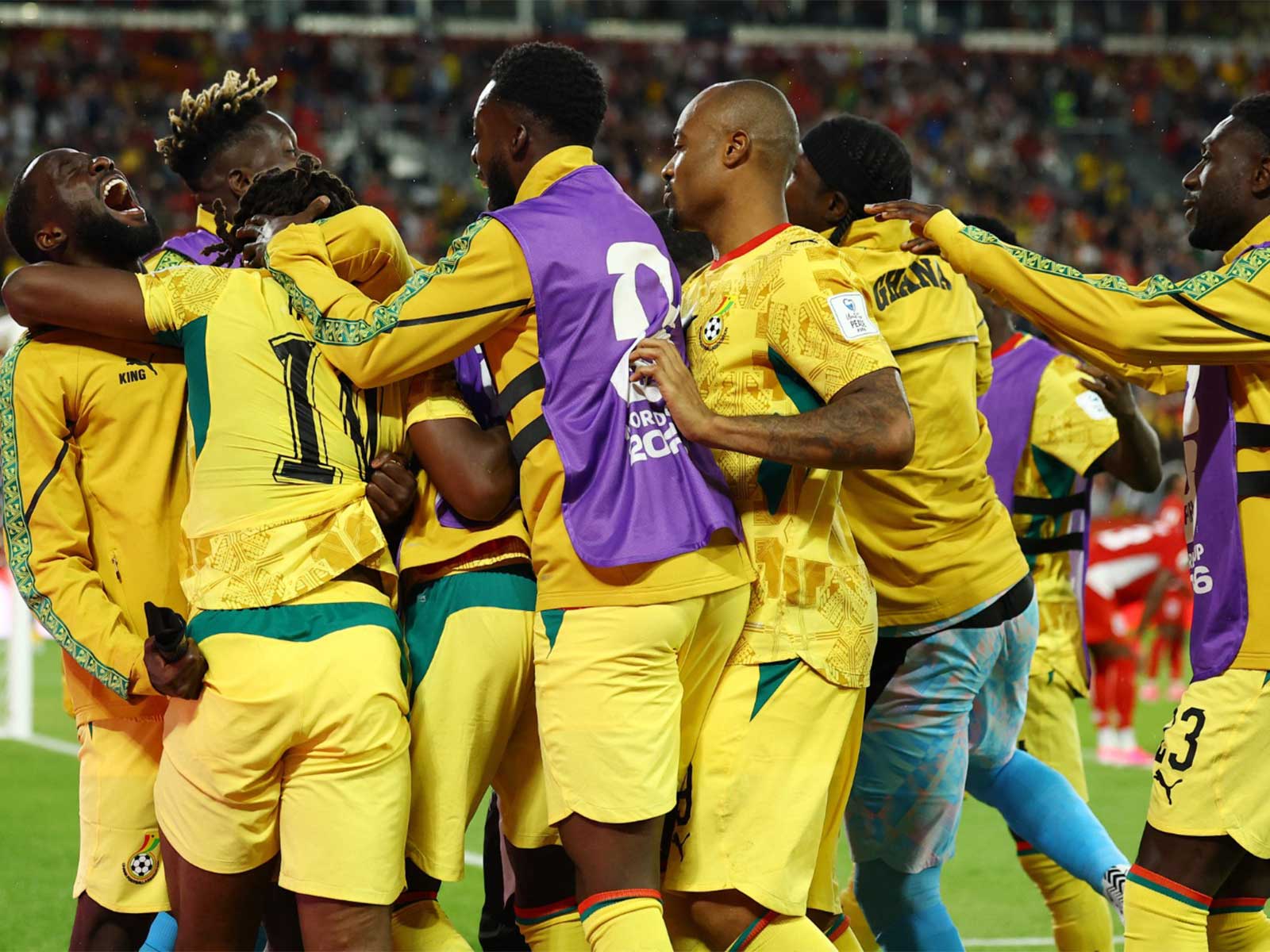 Ghana's Antoine Semenyo celebrates with teammates after Caleb Yirenkyi scored their first goal. (Photo/Reuters)