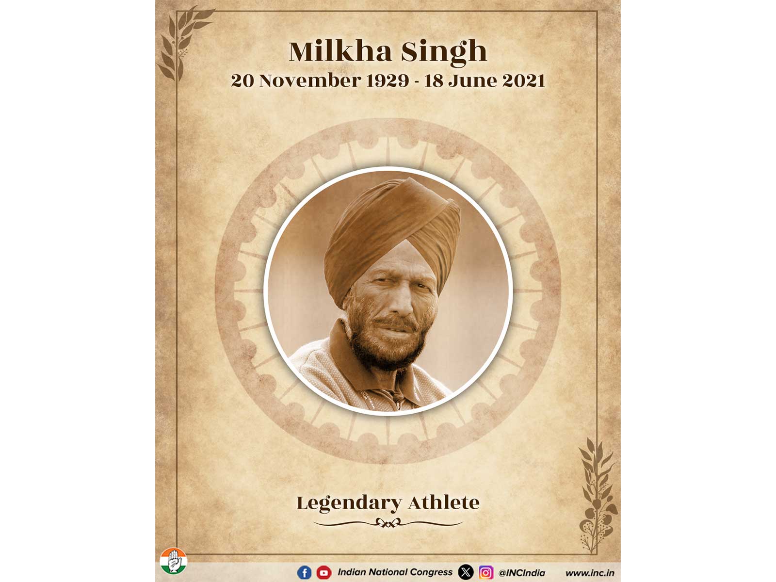 Political leaders across India pay tribute to Milkha Singh on death anniversary (Photo: X/ @INCIndia)