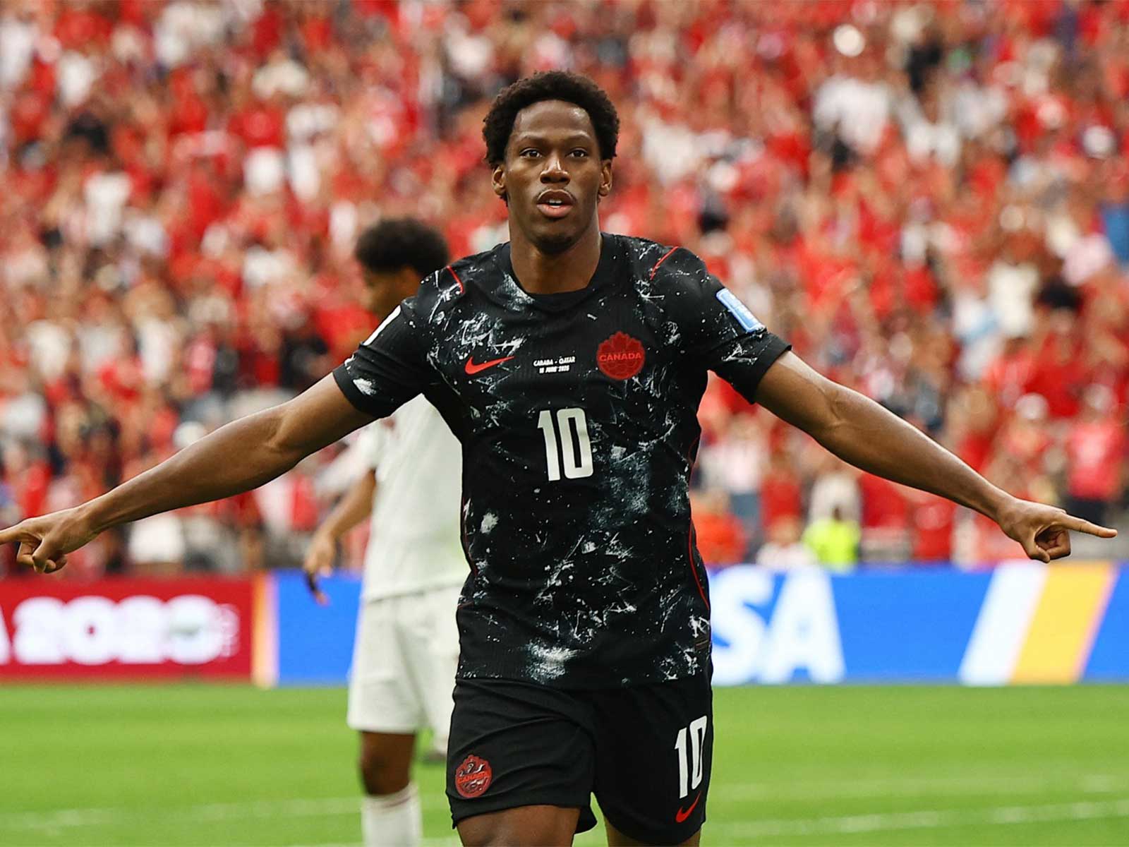 Canada's Jonathan David celebrates scoring their second goal against Qatar (Photo: Reuters)