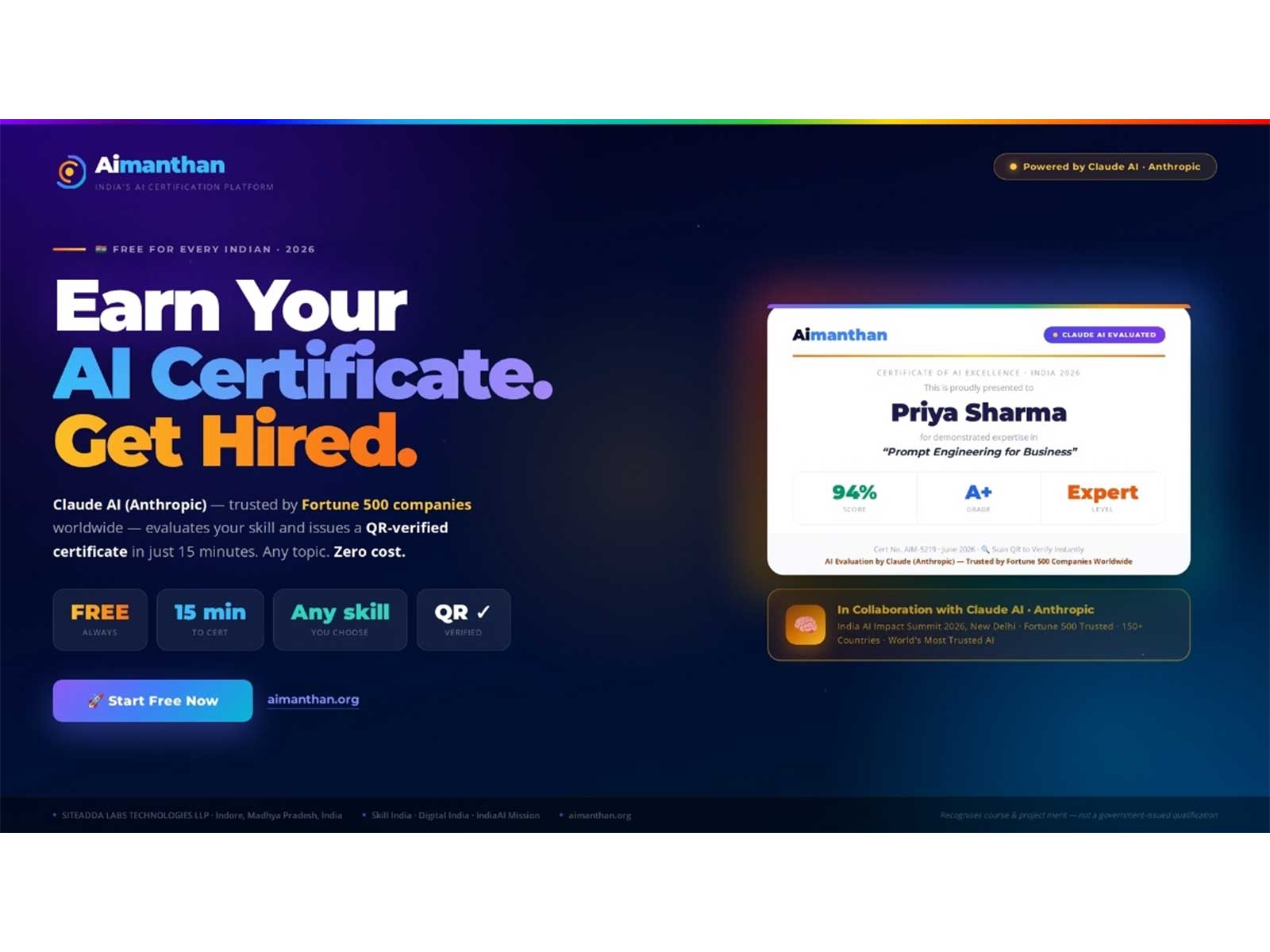 Aimanthan Launches India's First Free AI Certification Platform Powered by Claude AI from Anthropic, Bridging the Nation's AI Skills Gap