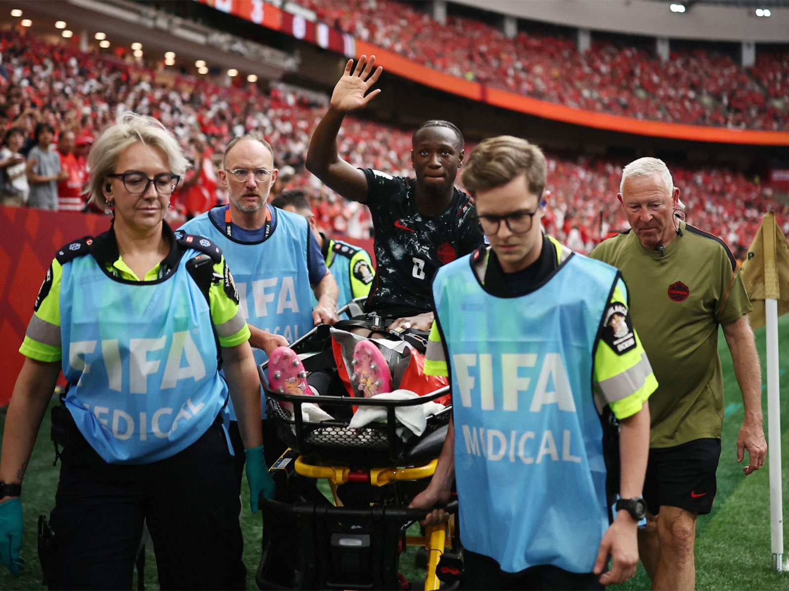 Canada's Ismael Kone waves to the crowd as he is stretchered off after sustaining an injury during FIFA World Cup 2026 clash against Qatar. (Photo: Reuters)