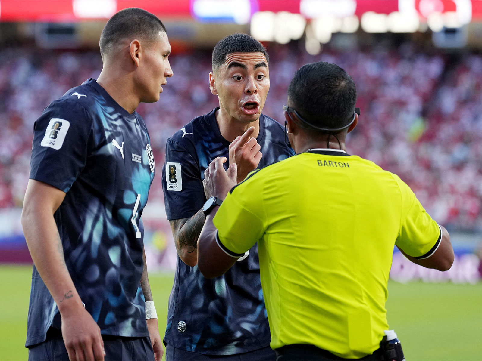 Soccer Football - FIFA World Cup 2026 - Group D - Turkey v Paraguay - San Francisco Bay Area Stadium, Santa Clara, California, U.S. - June 19, 2026 Paraguay's Miguel Almiron argues with referee Ivan Barton. (Photo: Reuters/Darren Yamashita)