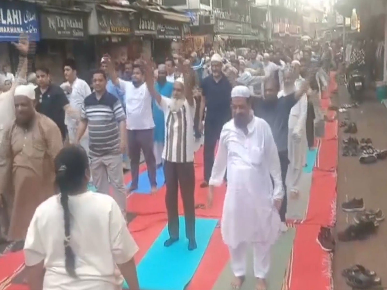 Participsnts at Minara Masjid for Yoga Day celebrations (Photo/ANI)
