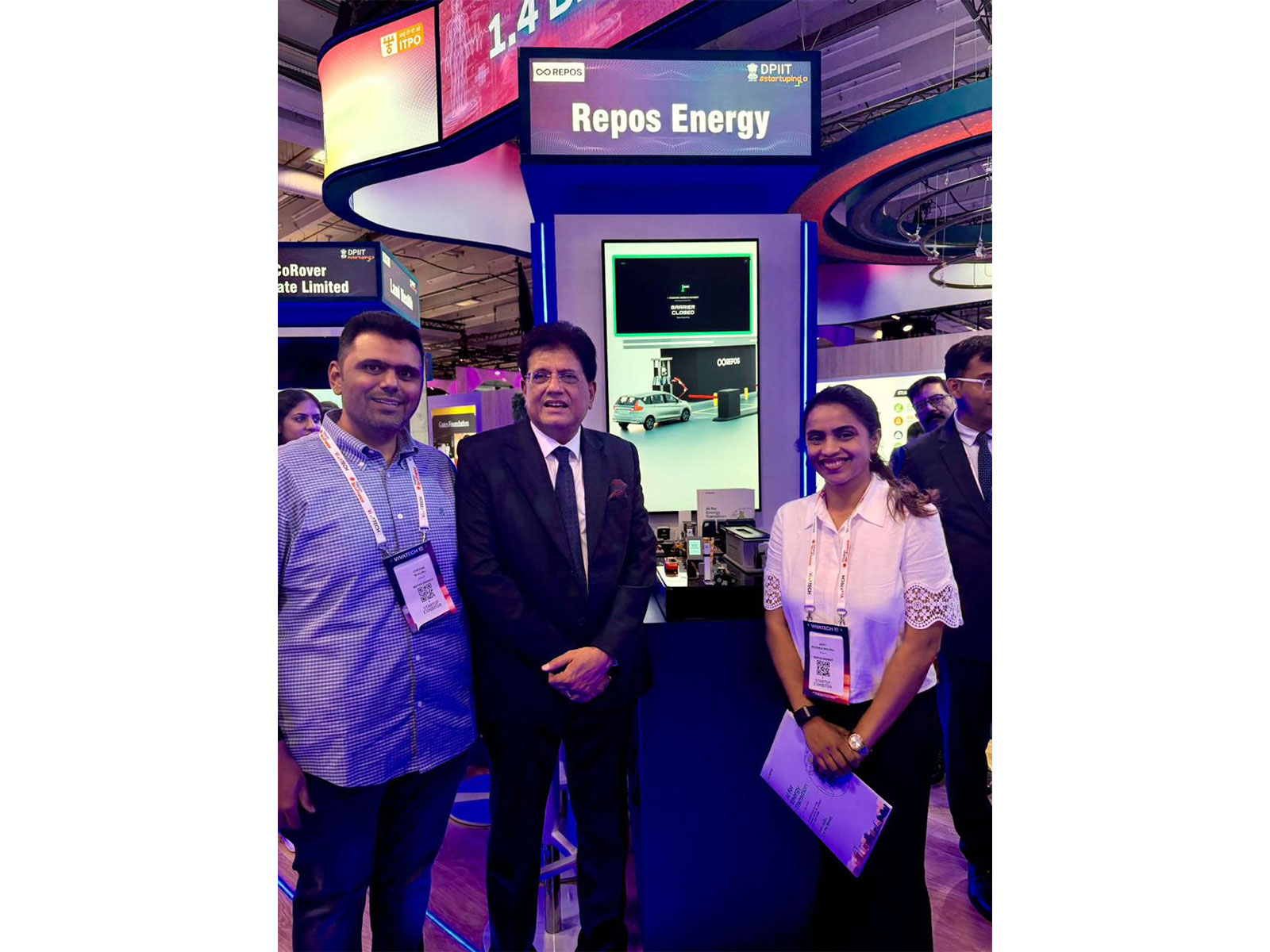 (L-R) Chetan Walunj, Founder, Repos Energy; Piyush Goyal, Union Minister of Commerce and Industry; and Aditi Bhosale Walunj, Founder, Repos Energy, at VivaTech 2026, Paris