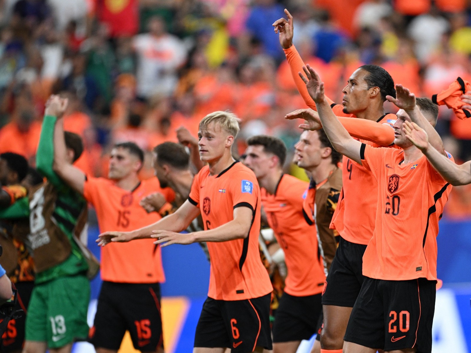 Netherlands' Jan Paul van Hecke, Virgil van Dijk and Teun Koopmeiners celebrate after the match against Sweden (Photo: Reuters)