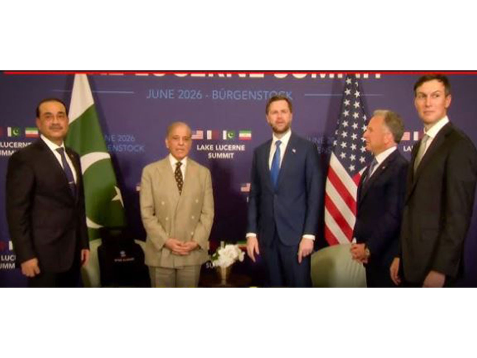 Pakistan Prime Minister Shehbaz Sharif, Army Chief Asim Munir, US Vice President JD Vance, and American negotiators Steve Witkoff and Jared Kushner during a meeting in Switzerland. (Image Source: Iranian state media)