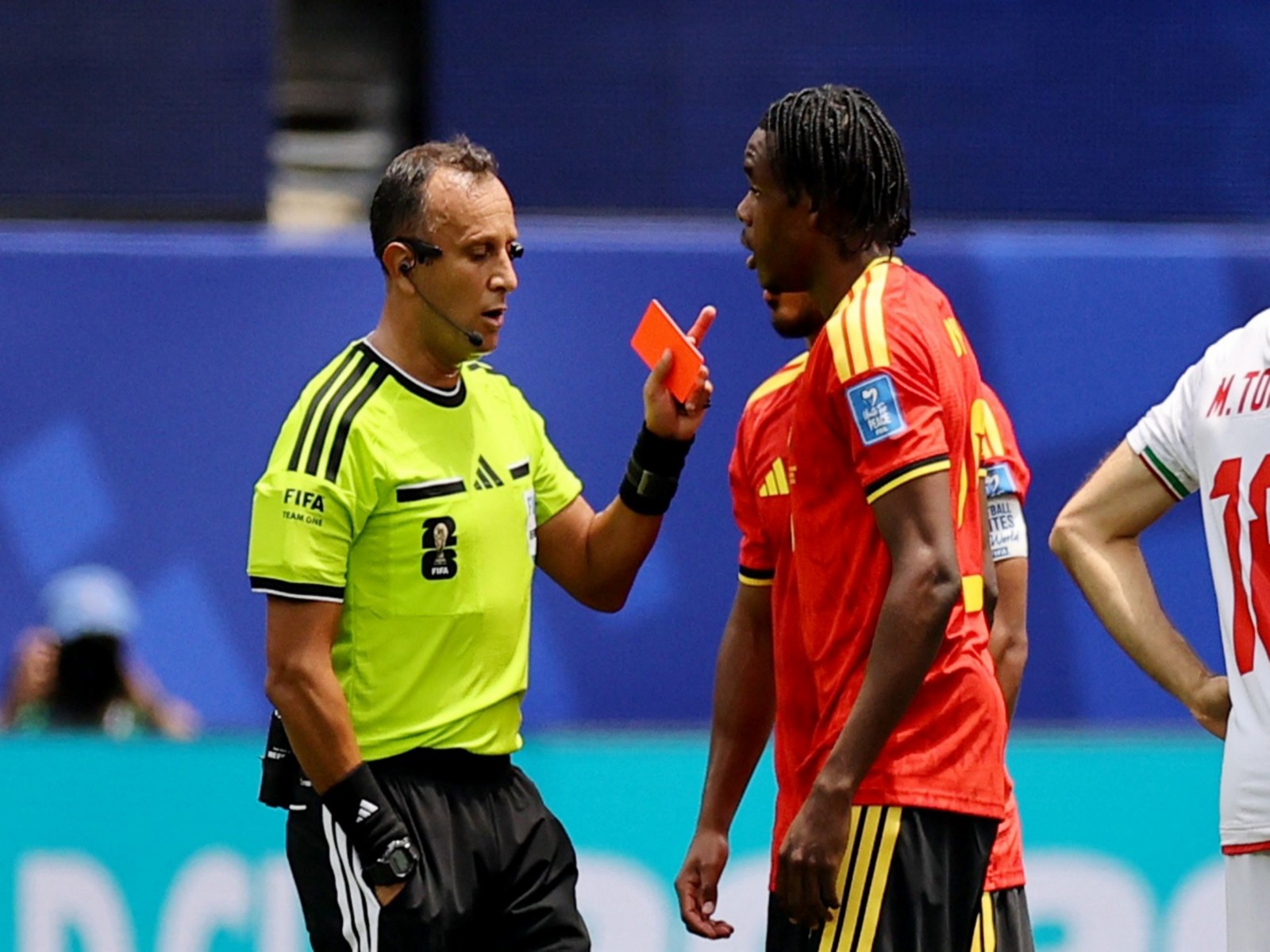 Belgium's Nathan Ngoy being shown a red card in the clash against Iran (Photo: Reuters)