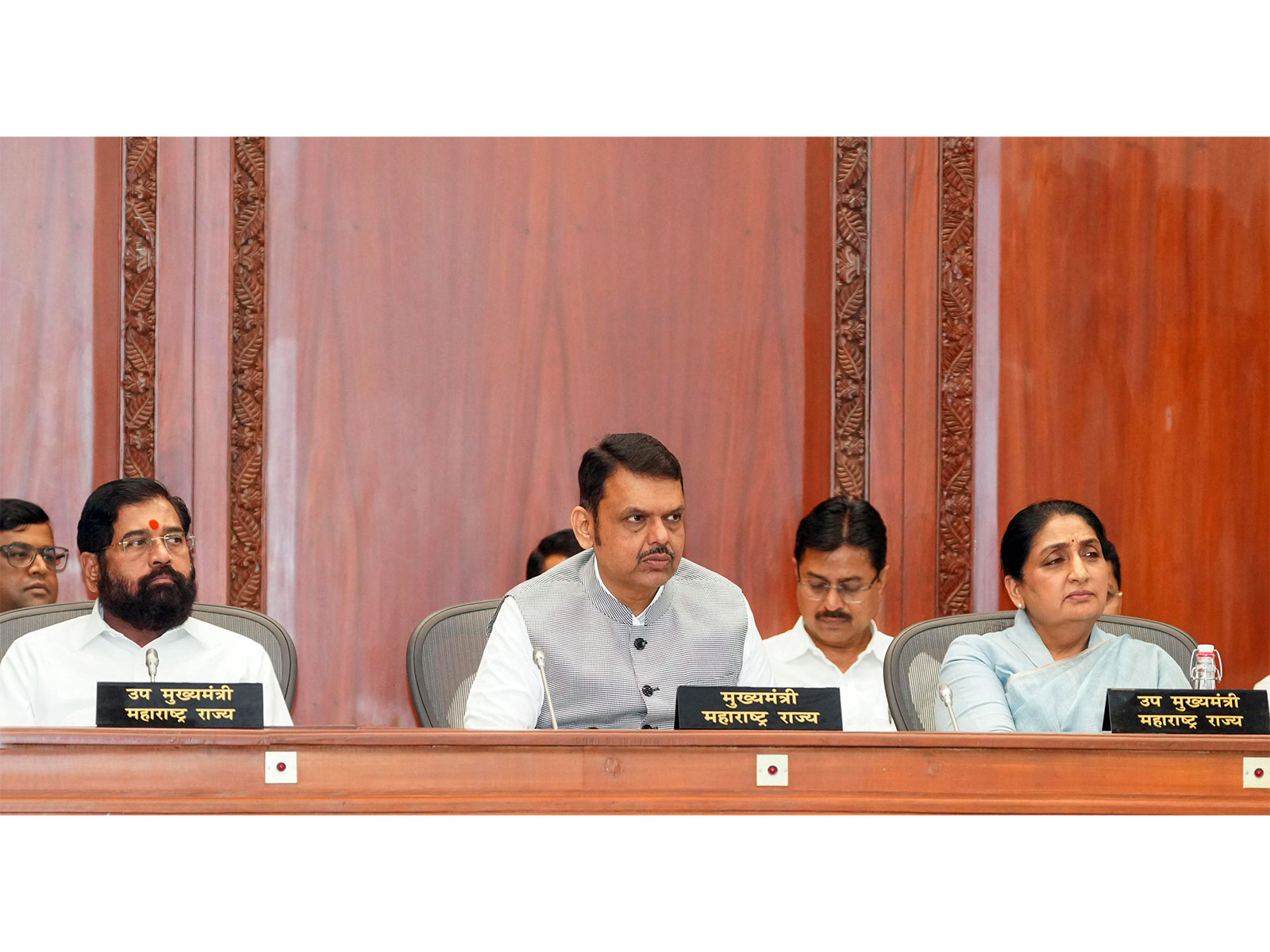Maharashtra Chief Minister Devendra Fadnavis with Deputy CMs Eknath Shinde and Sunetra Pawar (File Photo/ANI) 
