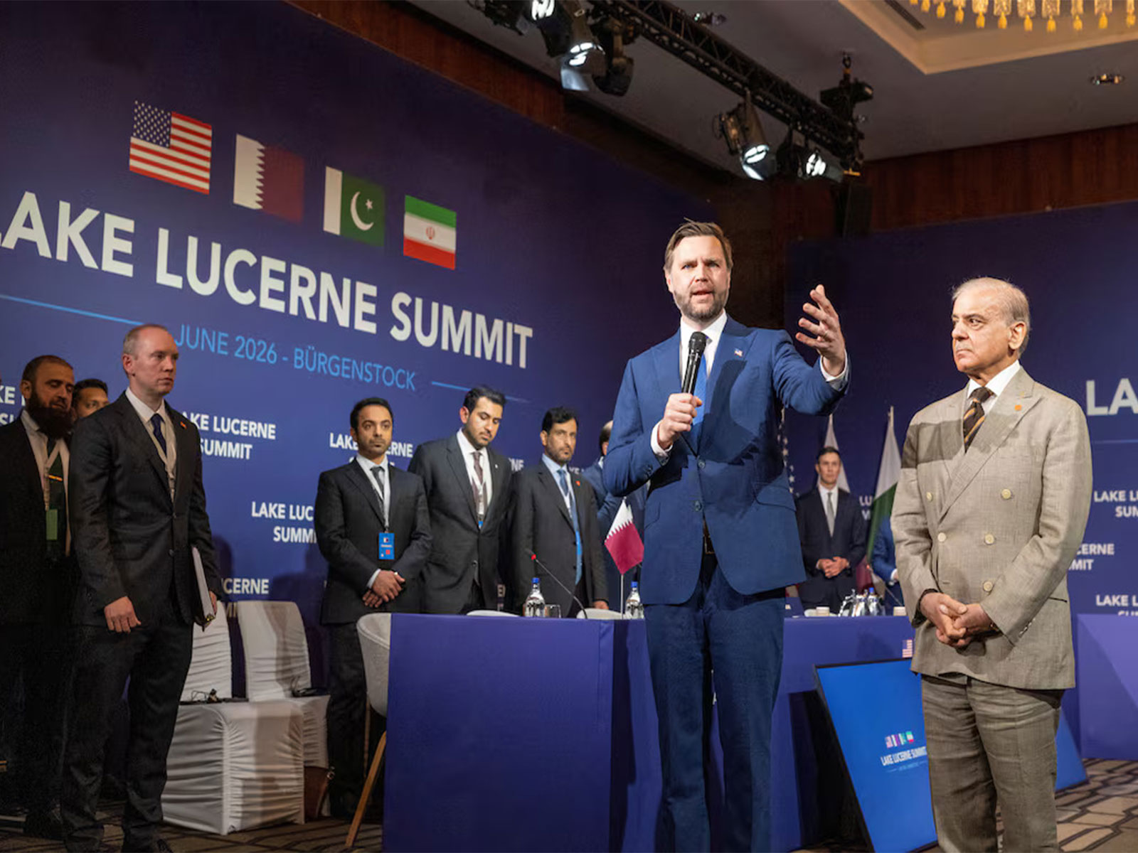 US Vice President JD Vance and Pakistani Prime Minister Shehbaz Sharif during talks at the Burgenstock resort in Switzerland. (Photo/Reuters)