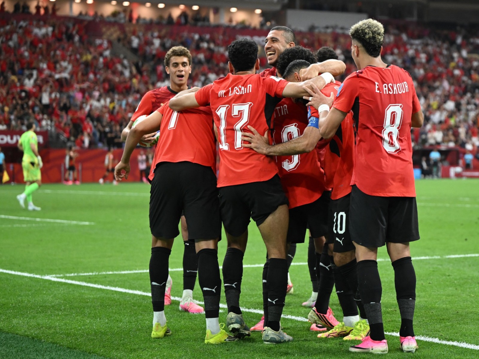 Egypt's Mahmoud Trezeguet celebrates scoring their third goal with teammates (Photo: IMAGN IMAGES via Reuters)