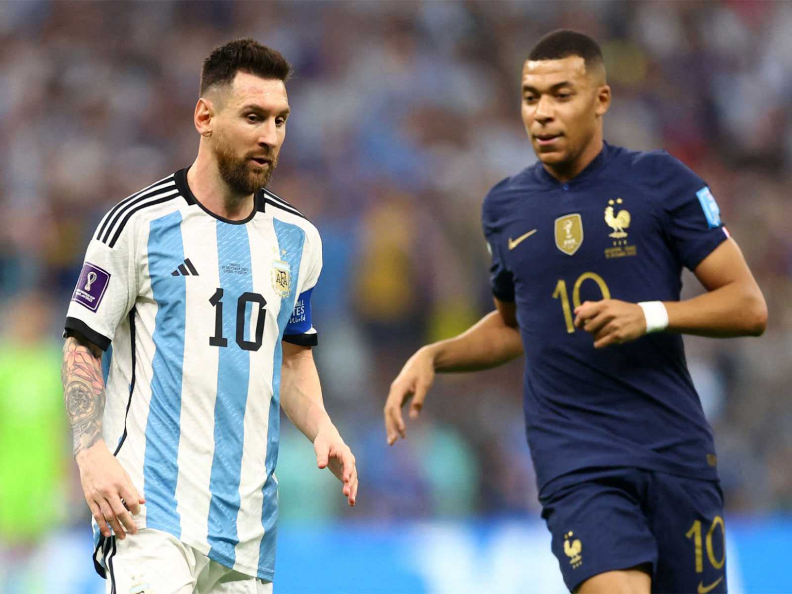 Football - FIFA World Cup Qatar 2022 - Final - Argentina v France - Lusail Stadium, Lusail, Qatar - December 18, 2022 Argentina's Lionel Messi and France's Kylian. (Photo/Reuters)