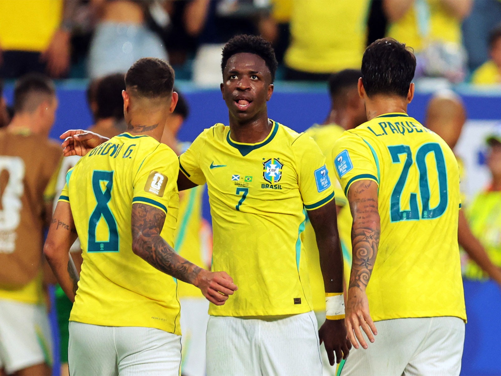Vinicius Jr. (middle) celebrating with Brazil teammates (Photo: IMAGN IMAGES via Reuters)