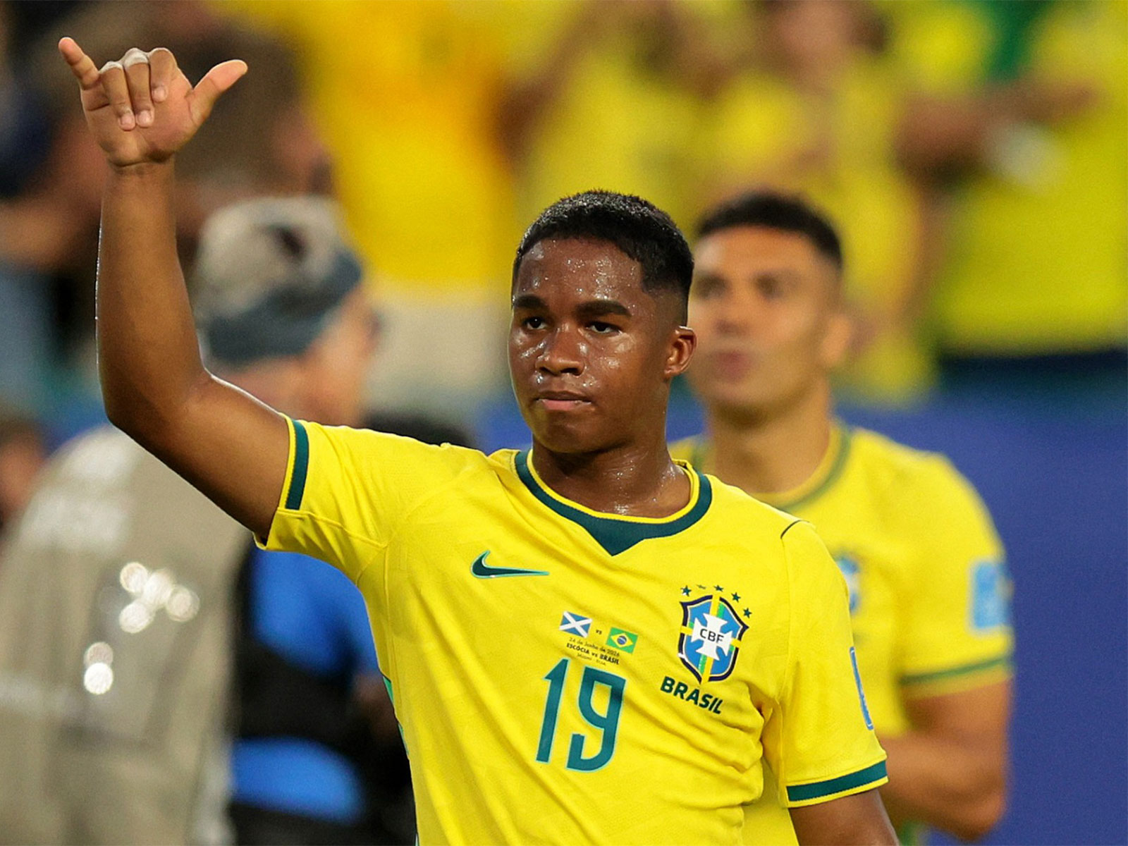 Brazil's Endrick celebrates after the match against Scotland. (Photo: IMAGN IMAGES via Reuters)
