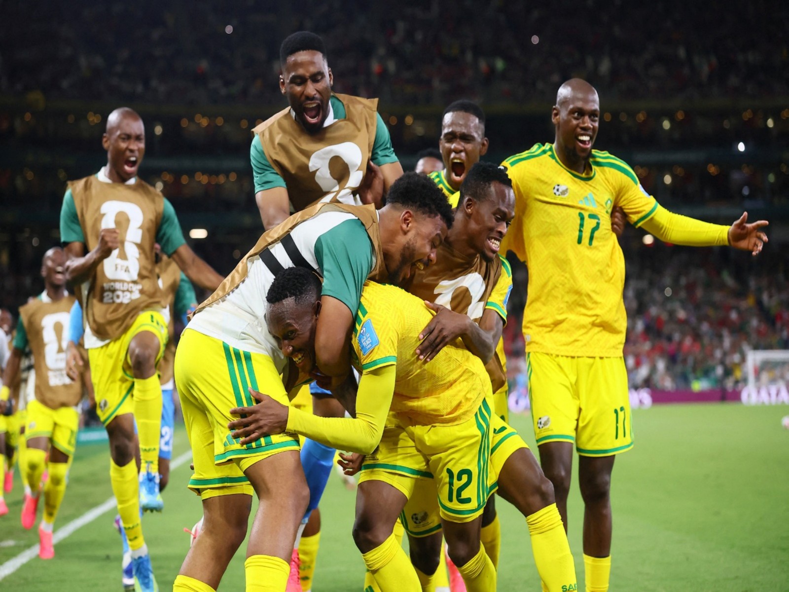 South Africa's Thapelo Maseko celebrates scoring their first goal with teammates (Photo: Reuters)