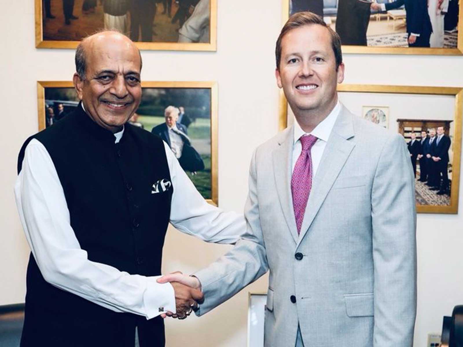 US Ambassador to India Sergio Gor with India's newly appointed High Commissioner to Bangladesh, Dinesh Trivedi. (Photo: X/@USAmbIndia)