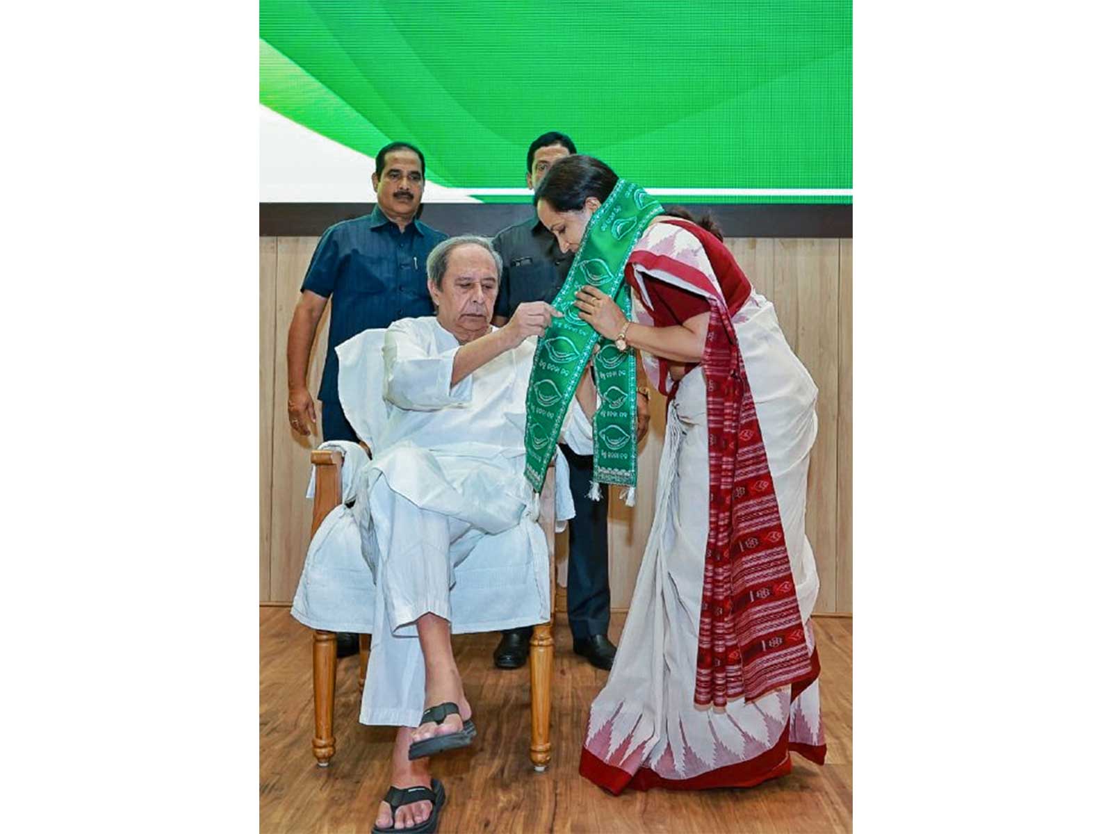 Biju Janata Dal president Naveen Patnaik felicitates former IAS officer Sujata Rout Karthikeyan (Photo/ANI)