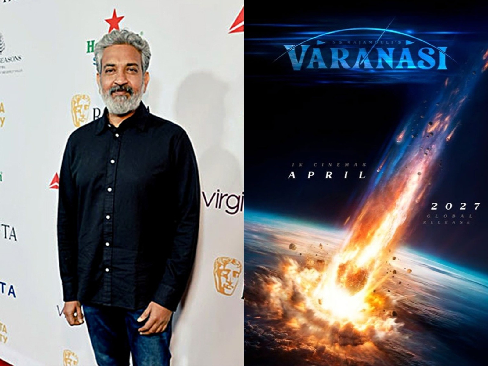 SS Rajamouli (Photo/ANI) and Varanasi poster (Photo/Instagram@ccxp_mx)