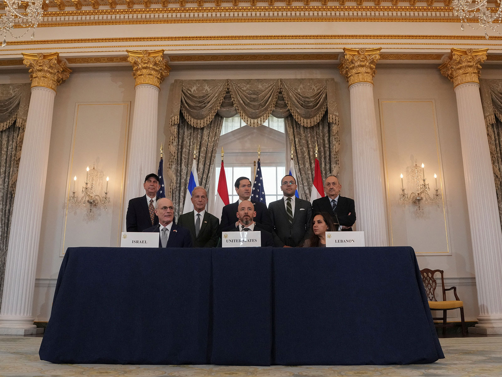 U.S. Secretary of State Marco Rubio talks alongside State Department Counselor Daniel Holler, Israel's Ambassador to the U.S. Yechiel Leiter and Lebanon's Ambassador to the U.S. Nada Hamadeh(Photo/Reuters)