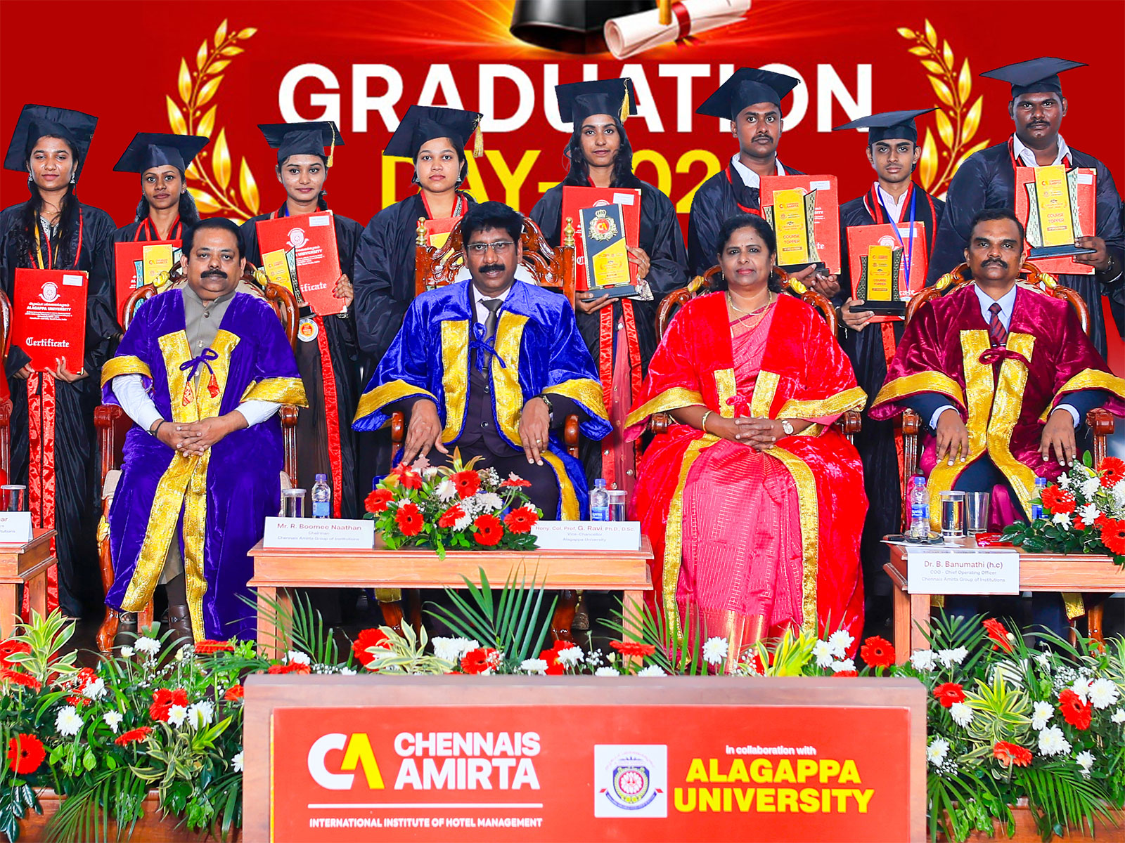 Prof. G. Ravi confers degrees at Chennais Amrita International Institute of Hotel Management graduation ceremony with Chairman R. Boomee Naathan, COO Bhanumathi and Dean Suren