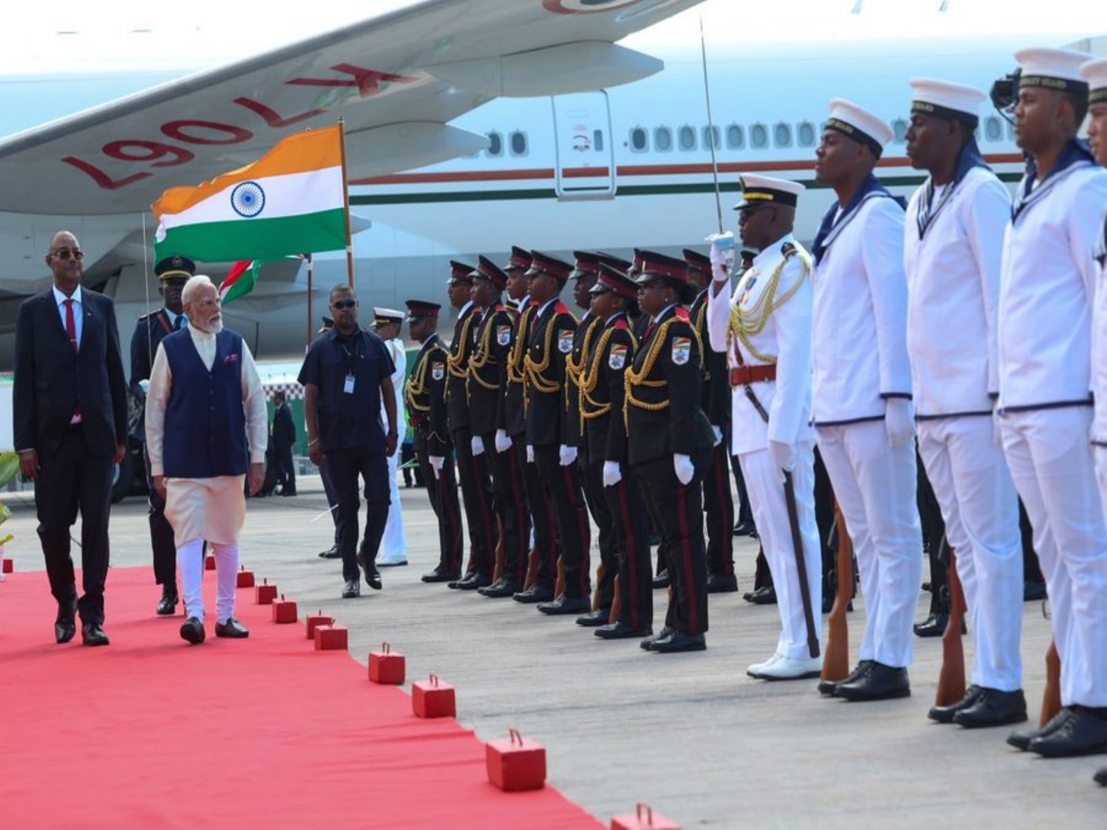Prime Minister Narendra Modi is accorded a ceremonial guard of honour upon his arrival at Seychelles International Airport during his three-day official visit to the island nation. (Photo: X/@narendramodi)