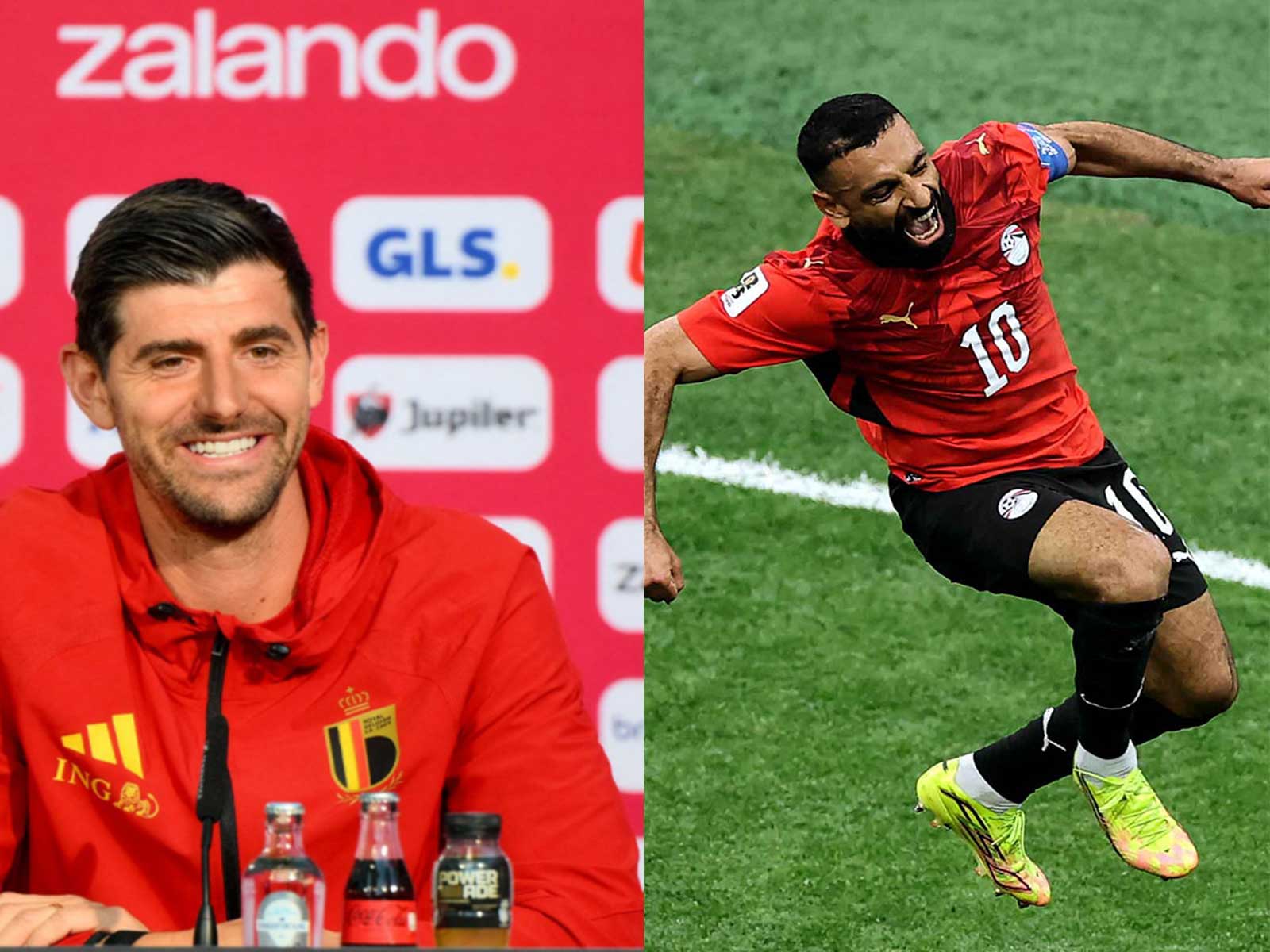 Thibaut Courtois (left) and Mo Salah (right). (Photo: Reuters and @FIFAWorldCup X)