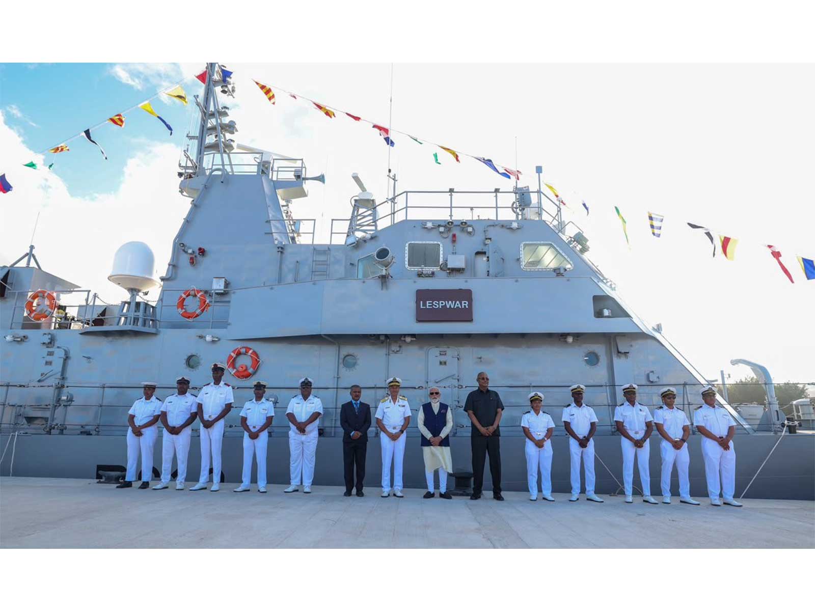 Prime Minister Narendra Modi hands over the 'Made in India' Fast Patrol Vessel (FPV) PS LESPWAR to Seychelles President Patrick Herminie during a ceremony at the Seychelles Coast Guard Base in Victoria. (Photo: X/@narendramodi)