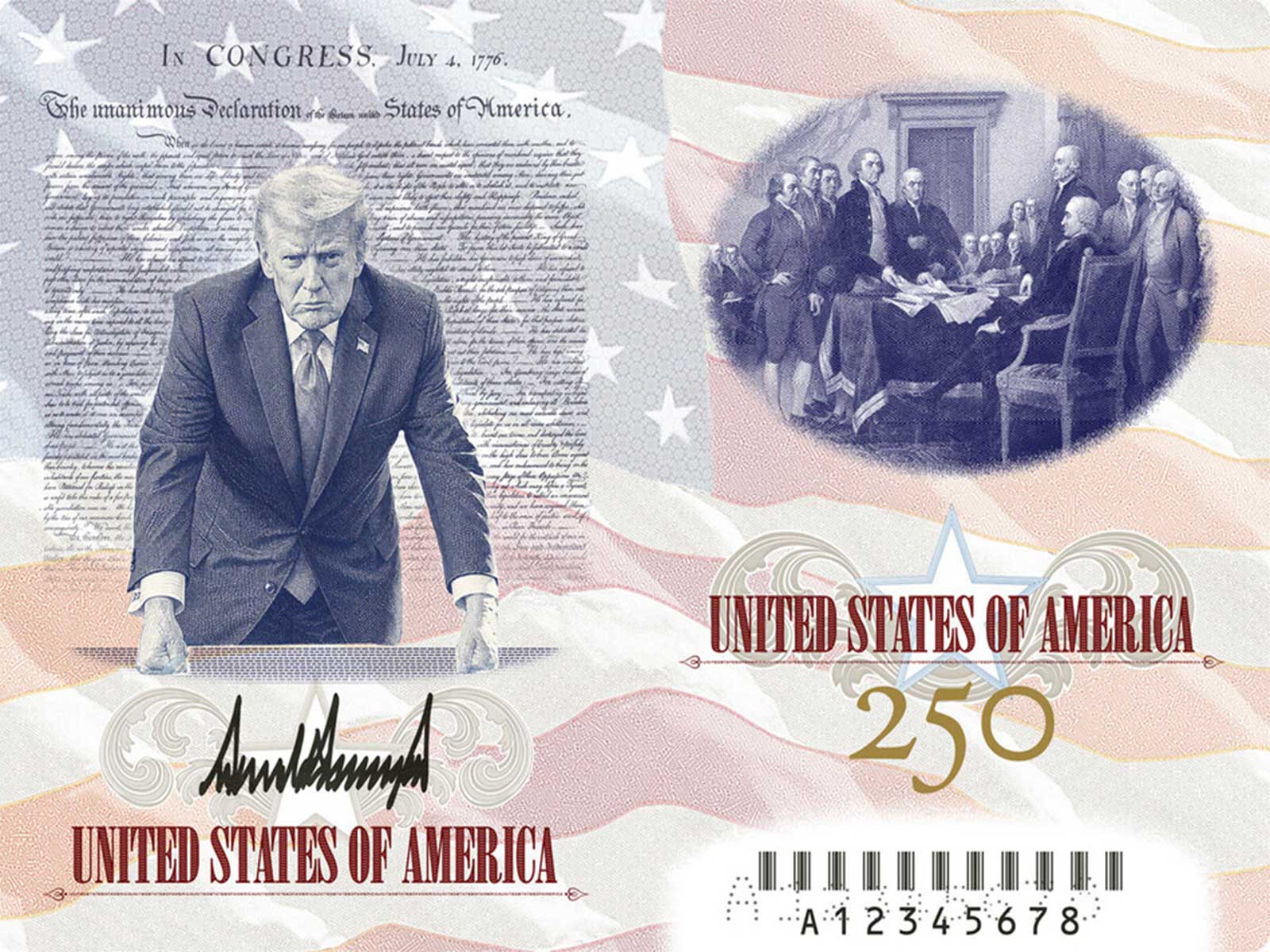 US President Donald Trump unveils the design of a limited-edition US passport commemorating America's 250th anniversary. (Image Source: Donald Trump/Truth Social)