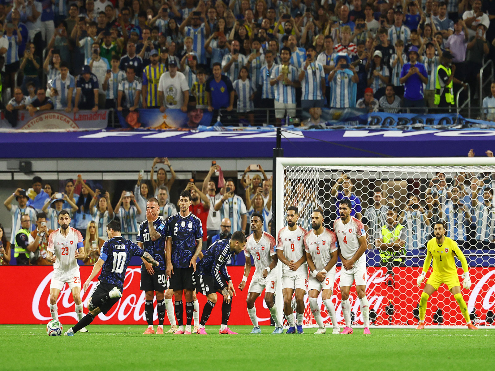 Soccer Football - FIFA World Cup 2026 - Group J - Jordan v Argentina - Dallas Stadium, Arlington, Texas, U.S. - June 27, 2026 Argentina's Lionel Messi scores their third goal from a free kick (PhOTO: REUTERS/Kai Pfaffenbach)