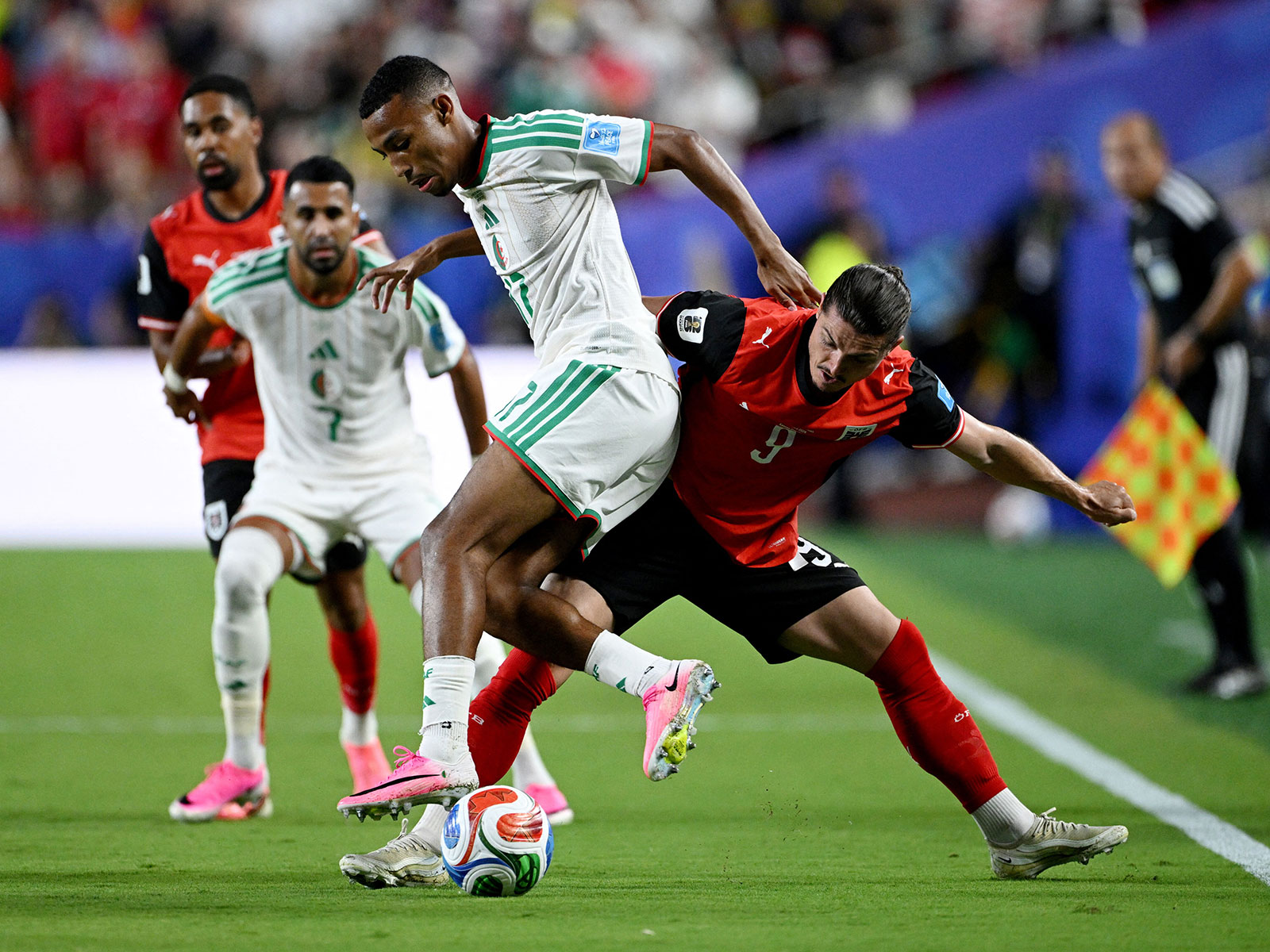 Soccer Football - FIFA World Cup 2026 - Group J - Algeria v Austria - Kansas City Stadium, Kansas City, Missouri, U.S. - June 27, 2026 Algeria's Rafik Belghali in action with Austria's Marcel Sabitzer. (Photo: REUTERS/Annegret Hilse)