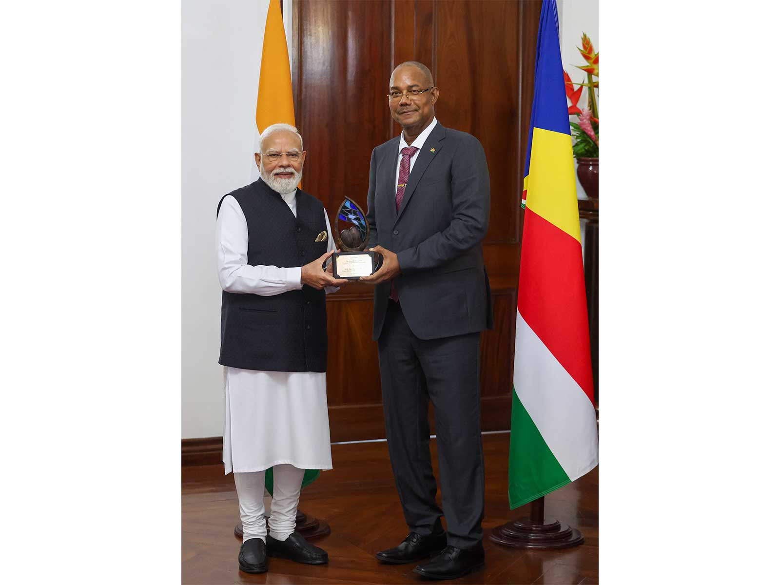 Seychelles President Patrick Herminie conferred 'Guardian of the Blue Horizon' title on PM Modi (Photo/ANI)