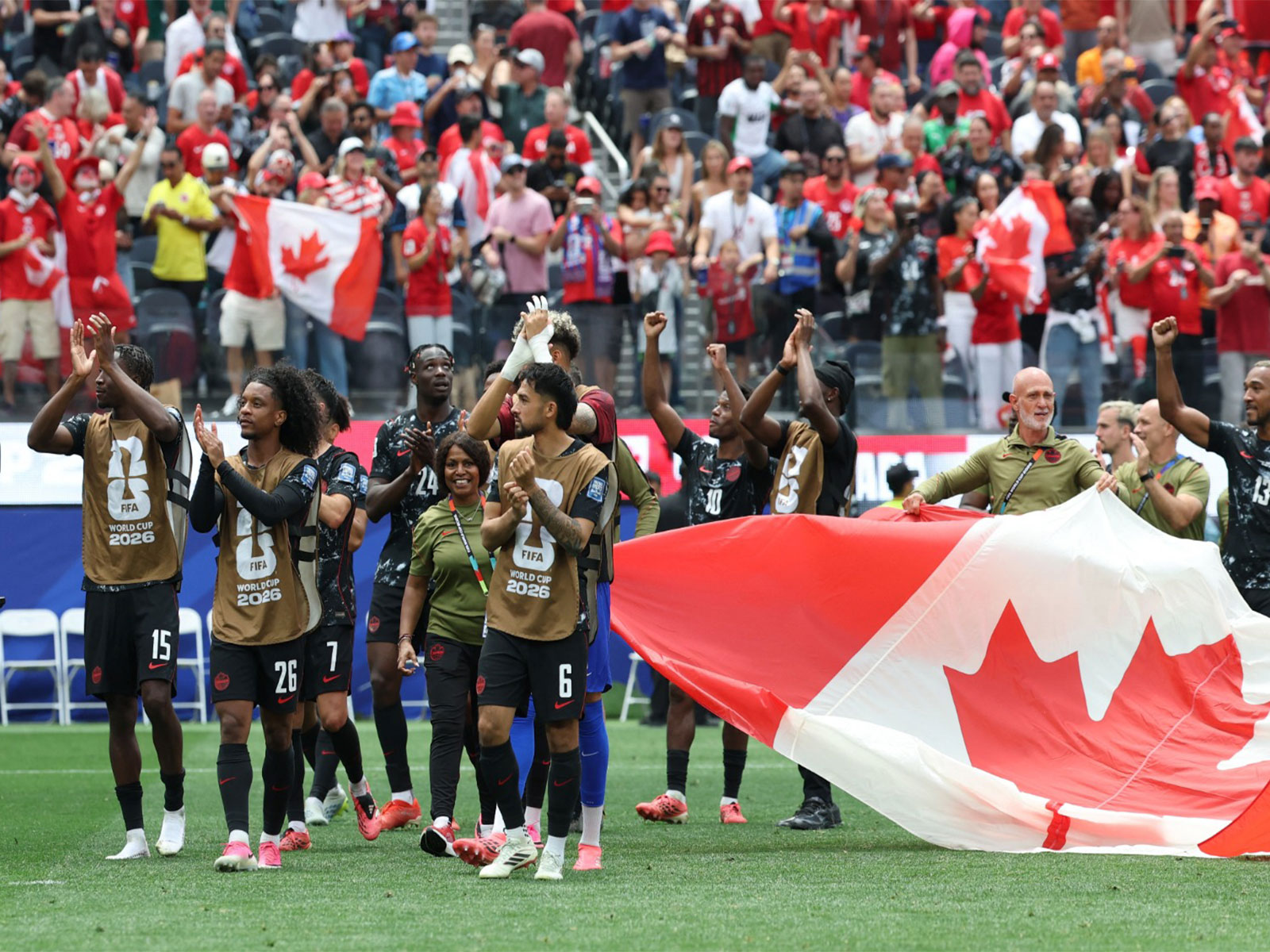 Canada players celebrate after the match. (Photo/IMAGN IMAGES via Reuters)