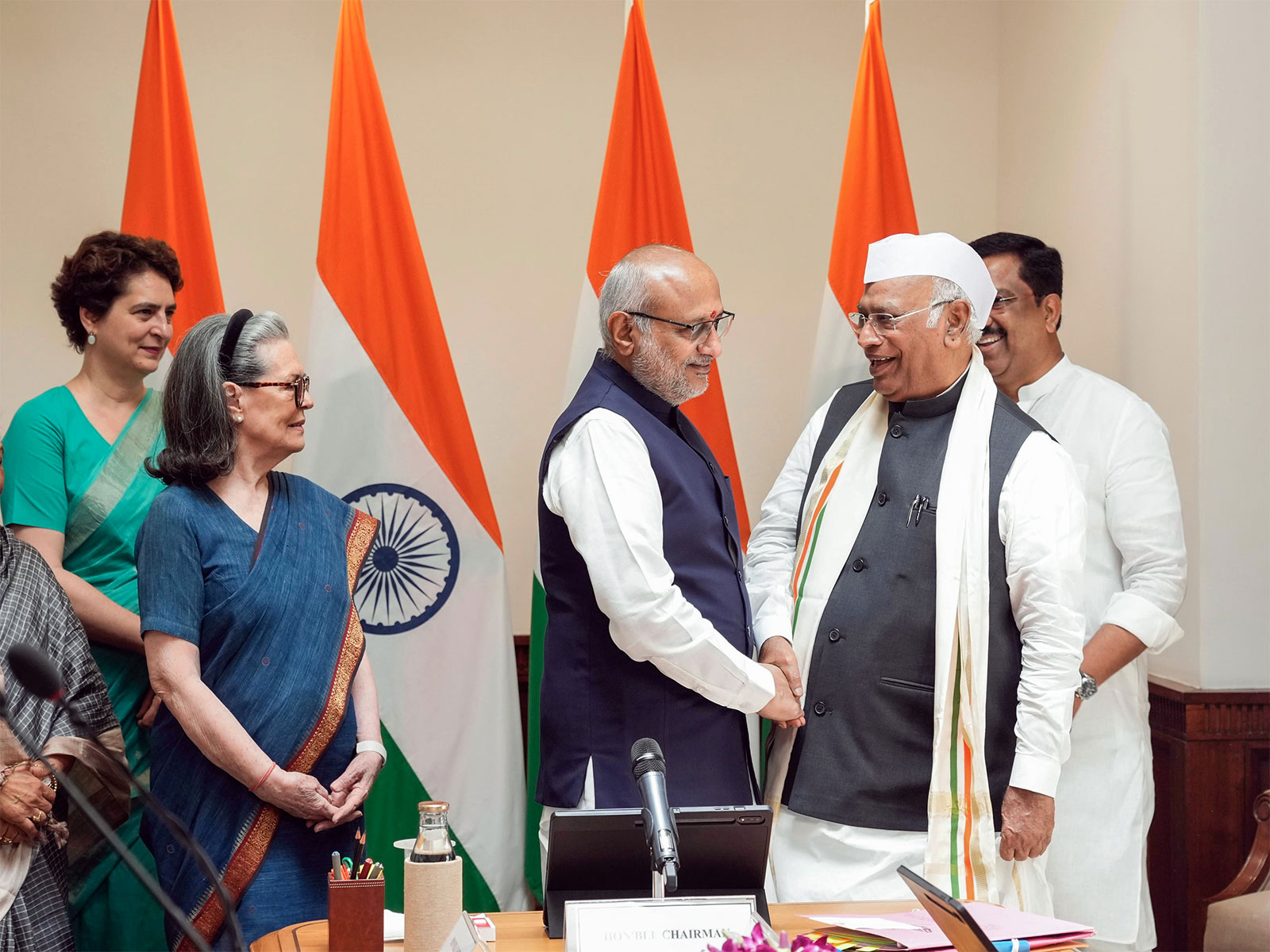Vice President C P Radhakrishnan, Member of the Rajya Sabha (re-elected) from Karnataka Mallikarjun Kharge and Congress Parliamentary Party Chairperson Sonia Gandhi (Photo/ANI)