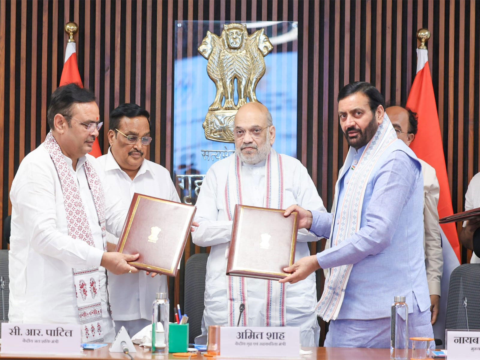 Union Home Minister Amit Shah (Centre), Haryana CM Nayab Saini (Right), Jal Shakti Minister CR Patil (Left), Rajasthan CM Bhajan Lal Sharma (Extrene Left)  (Photo/ANI)