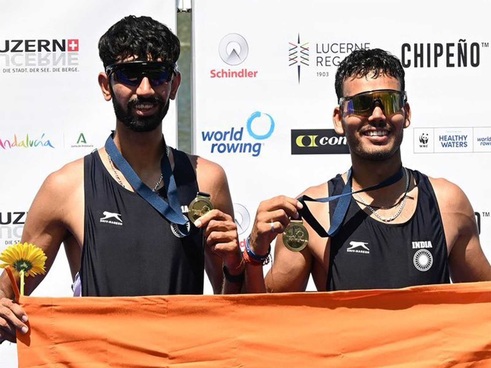 Lakshay and Ujjwal Kumar Singh claimed the men's lightweight double sculls title at the 2026 World Rowing Cup III in Lucerne. (Photo: X/@pushkardhami)