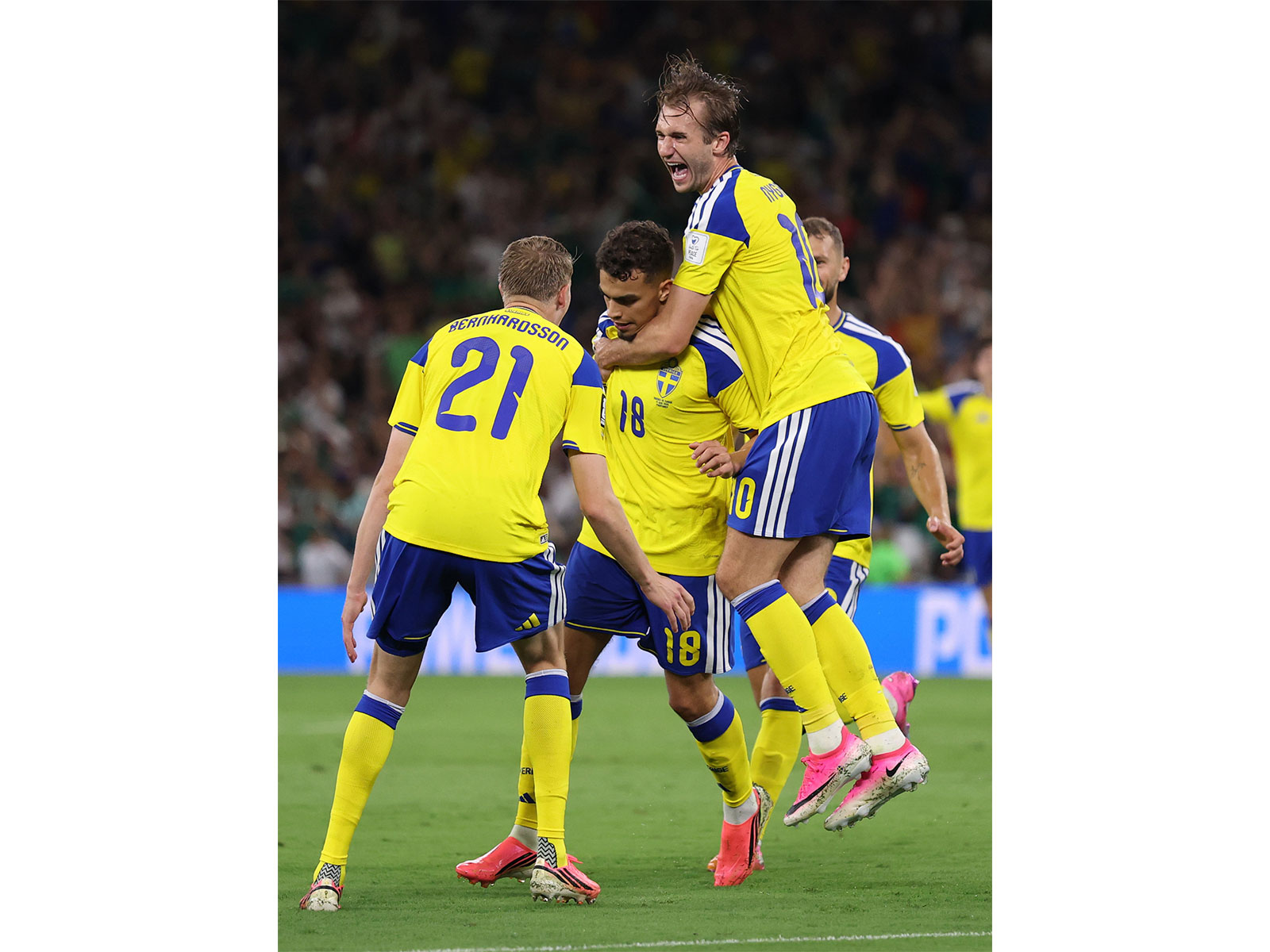 Sweden players celebrating after a goal against Tunisia in Group F fixture of FIFA World Cup 2026. (Photo: X/ @FIFAWorldCup)