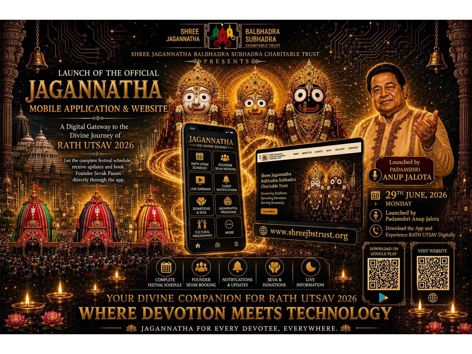 Grand "Rath Utsav" of Param Brahma Jagannatha organized by the Shri Jagannatha Balabhadra Subhadra Charitable Trust from July 16 to July 27