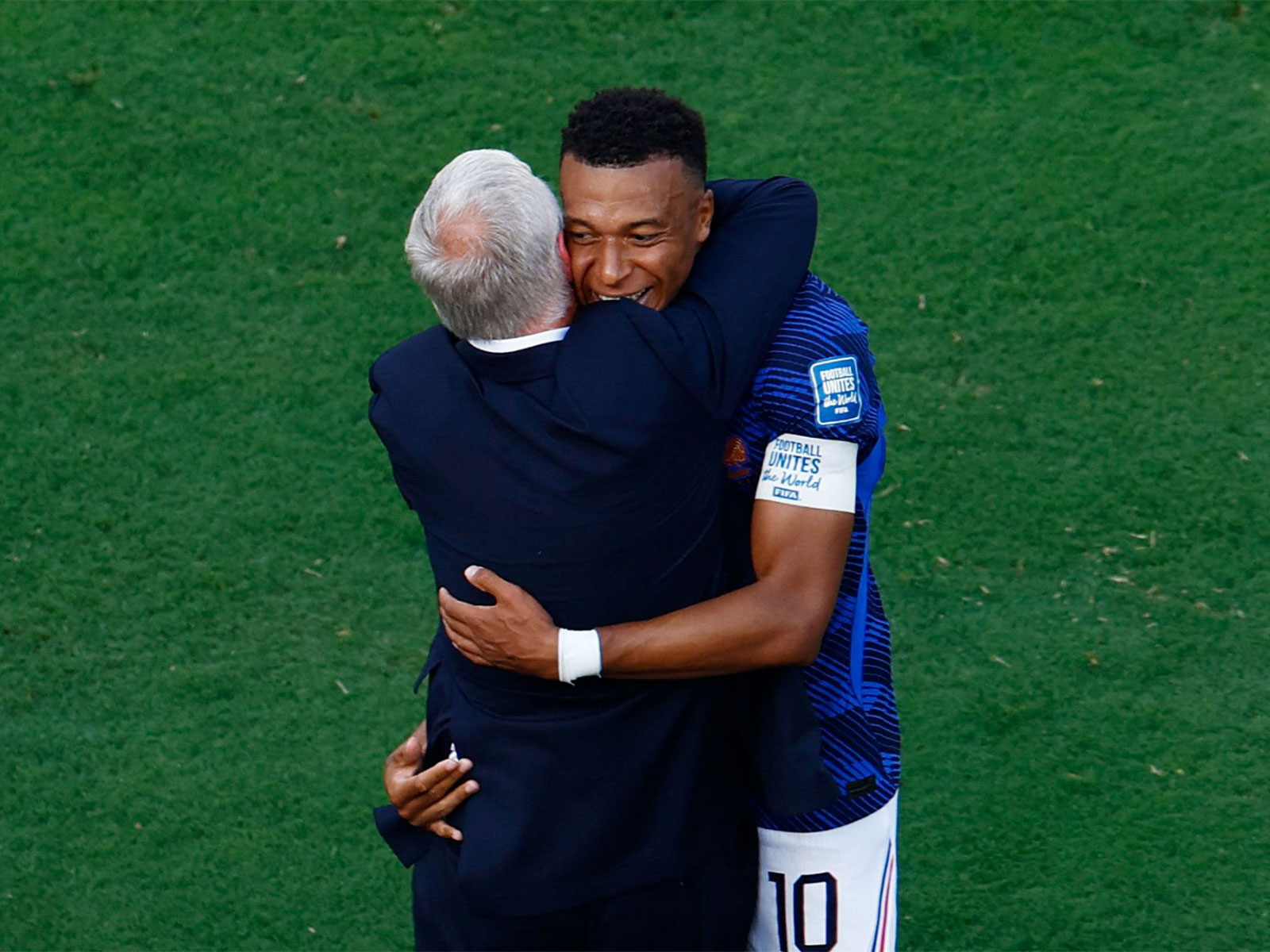 France's Kylian Mbappe celebrates scoring their first goal with coach Didier Deschamps (Photo: Reuters)