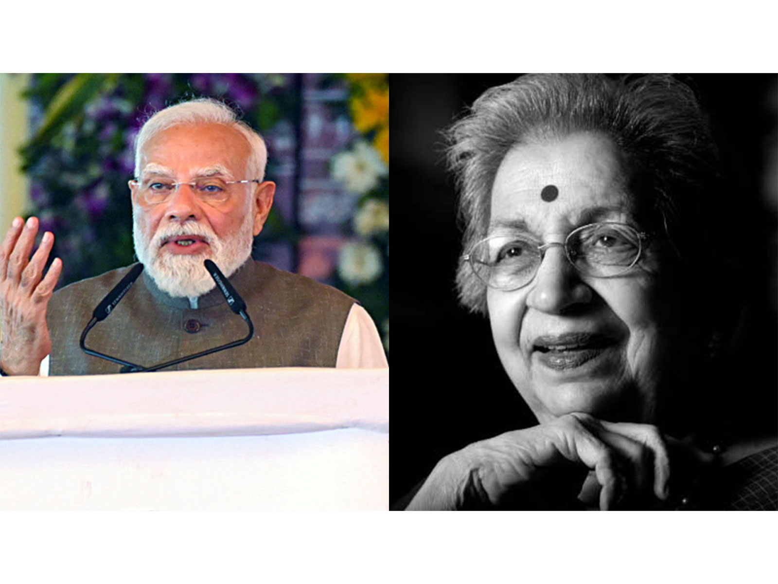 PM Modi (L) Veteran Marathi director Vijaya Mehta (R) (Photos/ANI/X/@ShelarAshish)