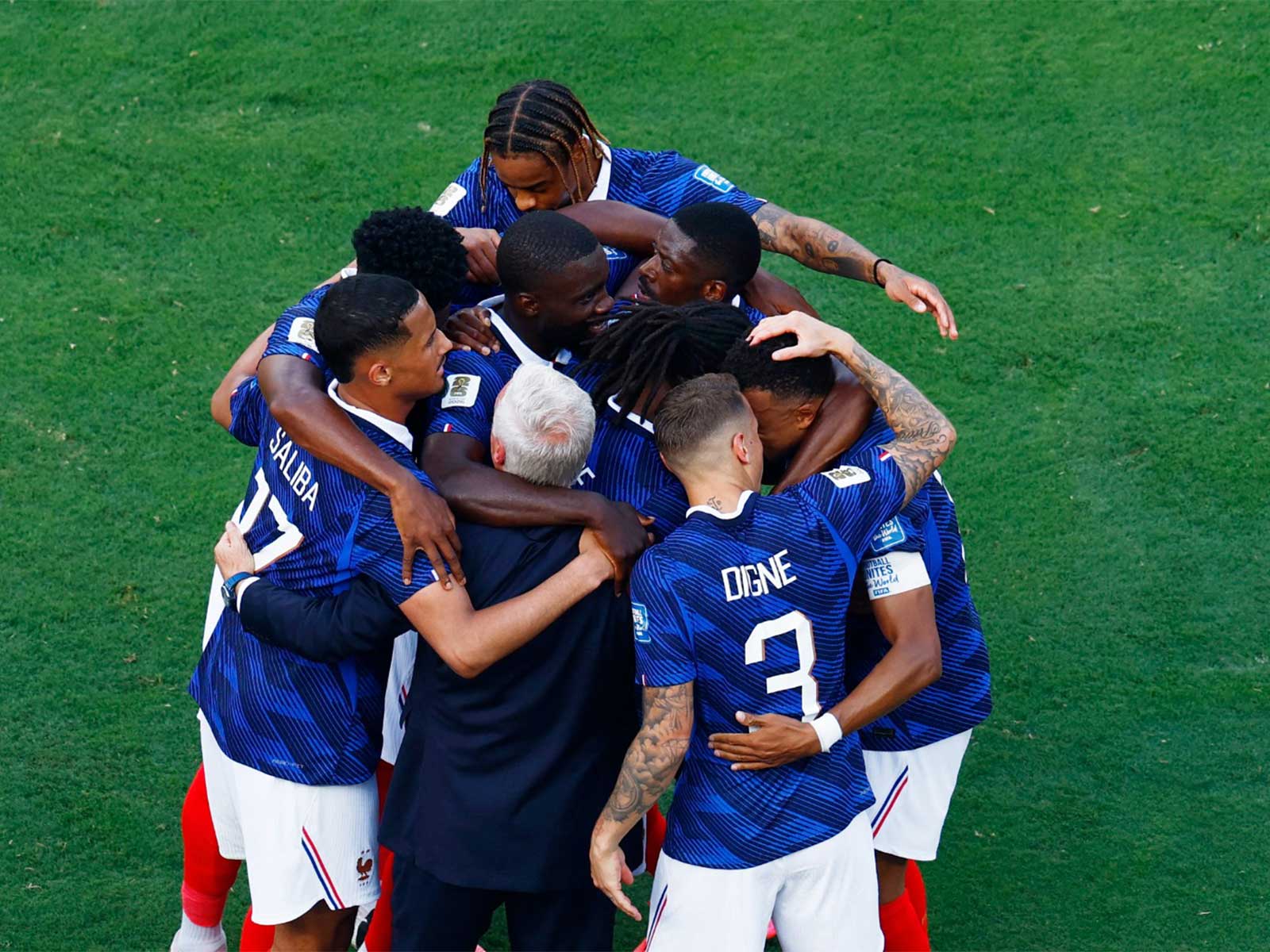 France's Kylian Mbappe celebrates scoring their first goal with coach Didier Deschamps and teammates (Photo: Reuters)