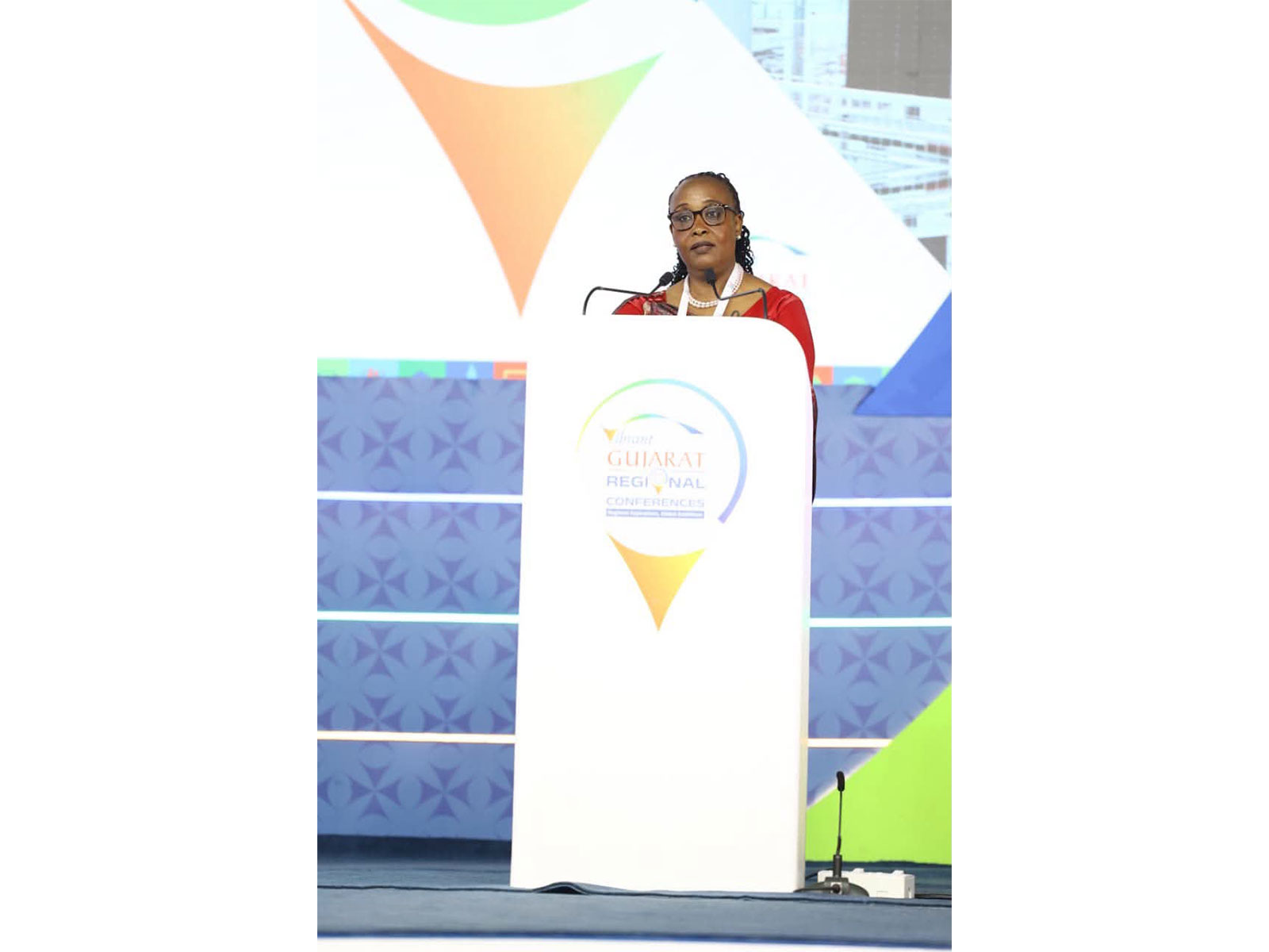 High Commissioner of Rwanda to India Jacqueline Mukangira addresses the 4th Vibrant Gujarat Regional Conference for Central Gujarat in Vadodara. (Photo/ANI)