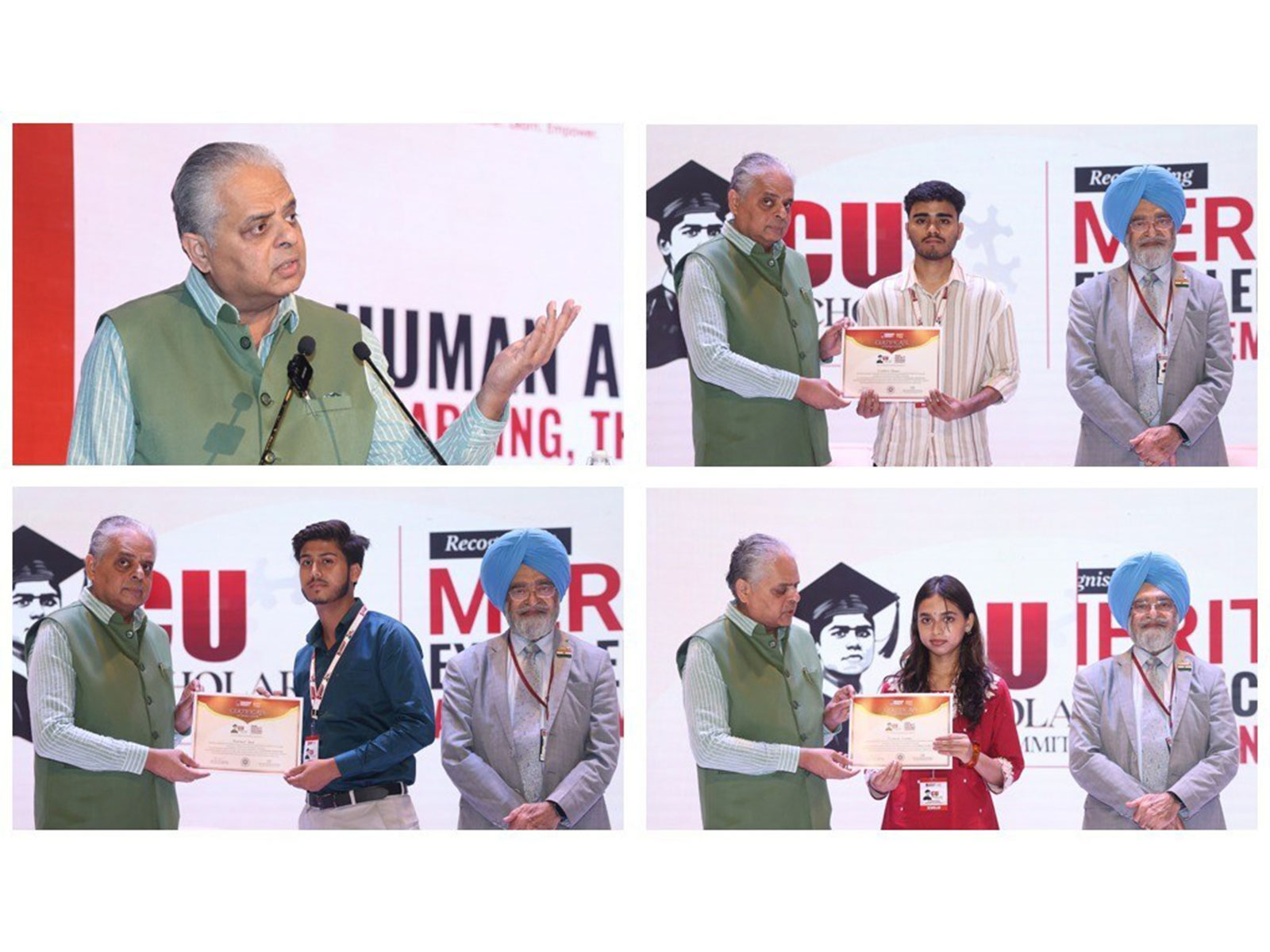 Meritorious students receiving scholarships from Lt General (Retd) Raj Shukla during 2nd edition of Chandigarh University's 'Scholars' Summit 2026'
