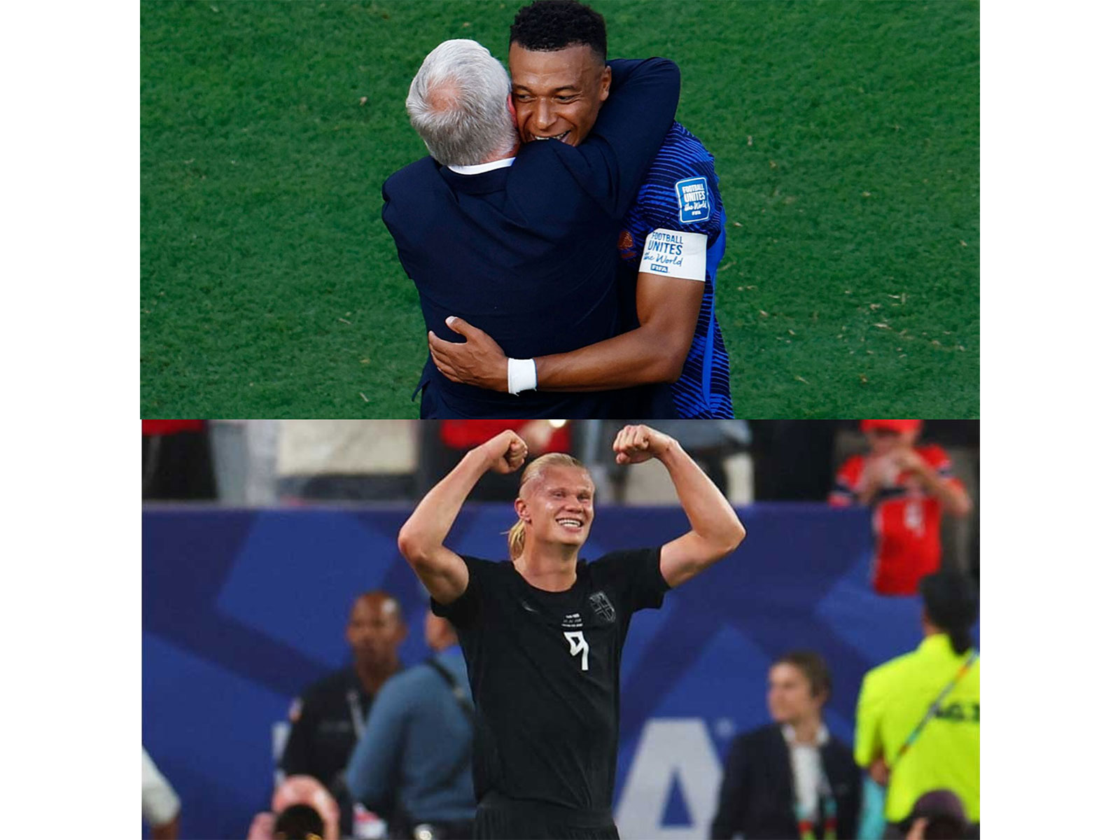 Kylian Mbappe hugging manager Deschamps and Erling Haaland celebrating a goal. (Photo: Reuters)
