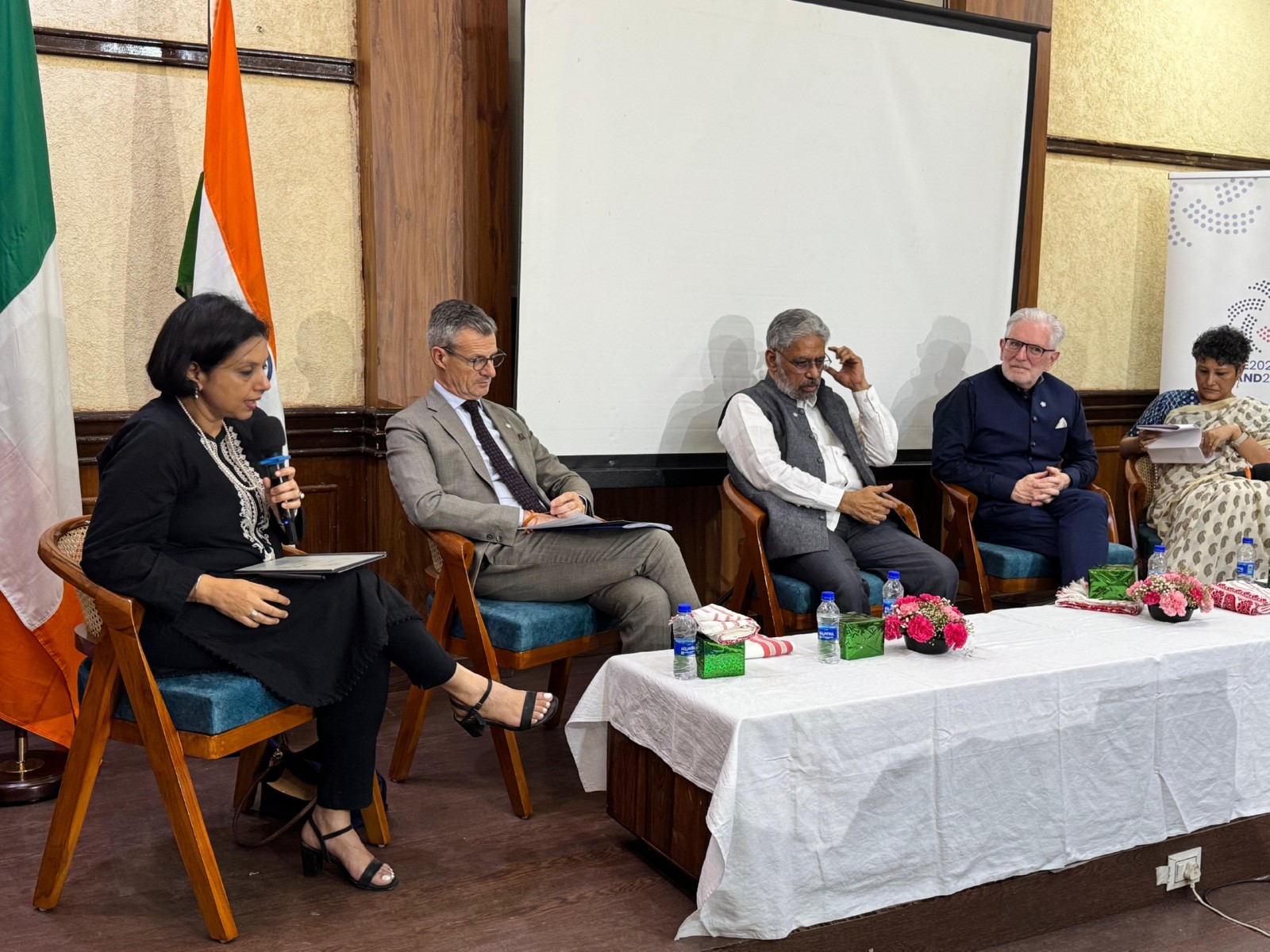 Panellists (L-R) Suhasini Haidar, Herve Delphin, C Raja Mohan, Distinguished Fellow, Kevin Kelly, and Sangeeta Barooah Pisharoty, President, Press Club of India (Photo/Embassy of Ireland)
