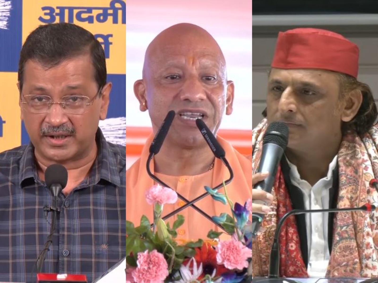 AAP national convenor Arvind Kejriwal, UP CM Yogi Adityanath, SP chief Akhilesh Yadav (Photo/ANI)